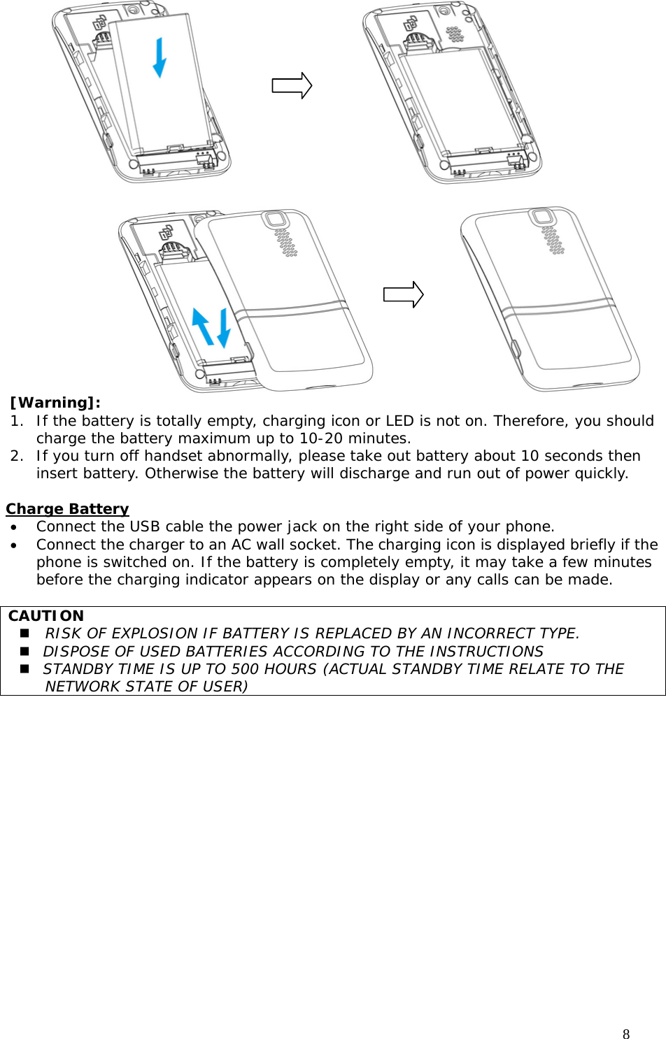                                     8                                                      [Warning]:  1. If the battery is totally empty, charging icon or LED is not on. Therefore, you should charge the battery maximum up to 10-20 minutes. 2. If you turn off handset abnormally, please take out battery about 10 seconds then insert battery. Otherwise the battery will discharge and run out of power quickly.  Charge Battery • Connect the USB cable the power jack on the right side of your phone. • Connect the charger to an AC wall socket. The charging icon is displayed briefly if the phone is switched on. If the battery is completely empty, it may take a few minutes before the charging indicator appears on the display or any calls can be made.  CAUTION  RISK OF EXPLOSION IF BATTERY IS REPLACED BY AN INCORRECT TYPE.  DISPOSE OF USED BATTERIES ACCORDING TO THE INSTRUCTIONS   STANDBY TIME IS UP TO 500 HOURS (ACTUAL STANDBY TIME RELATE TO THE NETWORK STATE OF USER)  