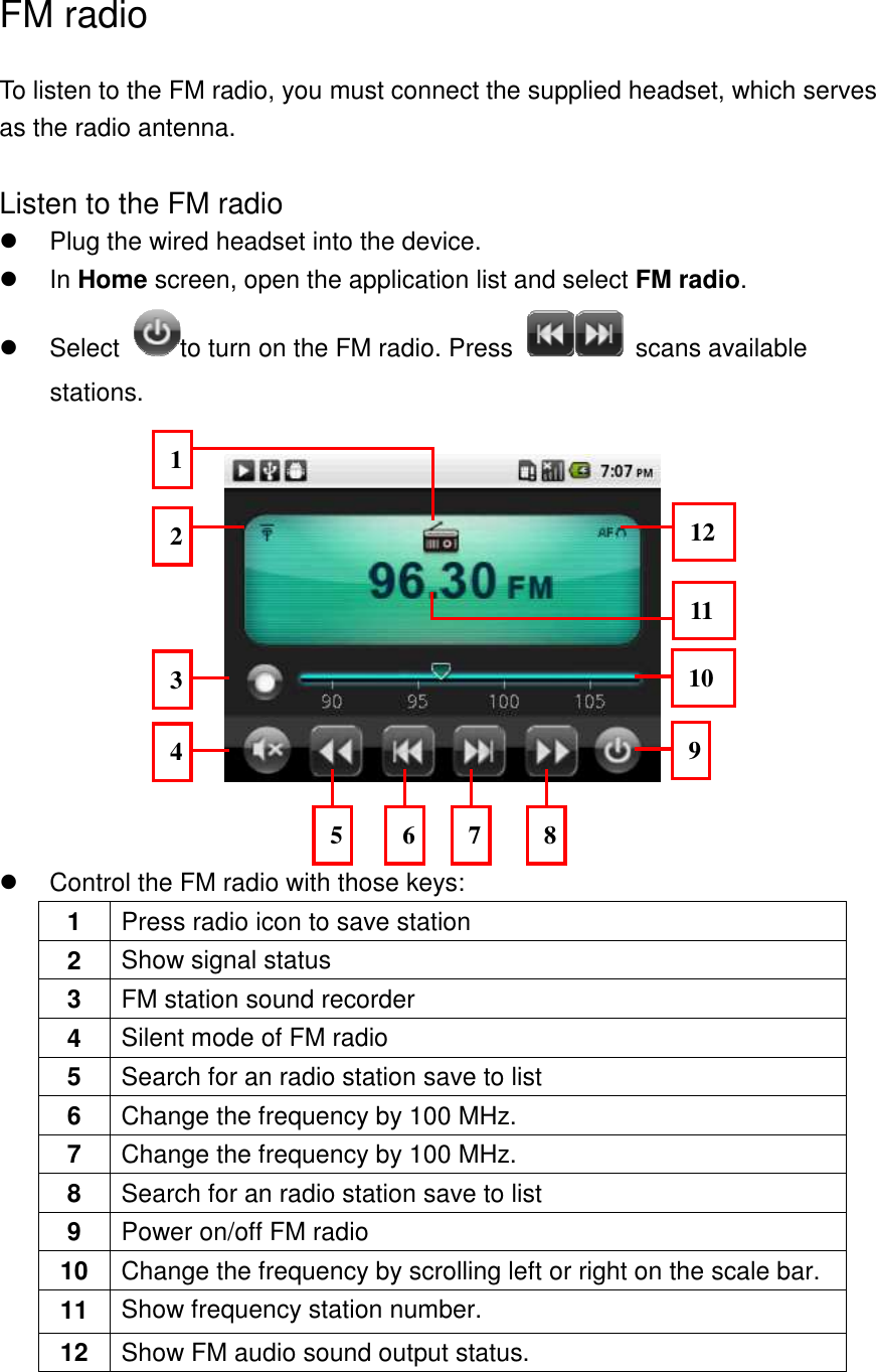 FM radio To listen to the FM radio, you must connect the supplied headset, which serves as the radio antenna.    Listen to the FM radio   Plug the wired headset into the device.   In Home screen, open the application list and select FM radio.   Select  to turn on the FM radio. Press    scans available stations.       Control the FM radio with those keys: 1  Press radio icon to save station 2  Show signal status 3  FM station sound recorder 4  Silent mode of FM radio 5  Search for an radio station save to list 6  Change the frequency by 100 MHz. 7  Change the frequency by 100 MHz. 8  Search for an radio station save to list 9  Power on/off FM radio 10  Change the frequency by scrolling left or right on the scale bar. 11  Show frequency station number. 12  Show FM audio sound output status.  8 7 6 5 4 3 9 11 12 2 1 10 