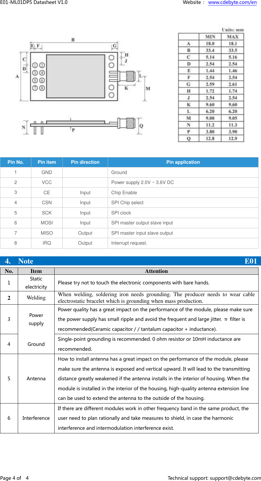 E01-ML01DP5 Datasheet V1.0                                                                                                  Website： www.cdebyte.com/en              Page 4 of    4                                                                                                                      Technical support: support@cdebyte.com  Pin No. Pin item Pin direction Pin application 1 GND  Ground 2 VCC  Power supply 2.0V ~ 3.6V DC 3 CE Input Chip Enable 4 CSN Input SPI Chip select 5 SCK Input SPI clock 6 MOSI Input SPI master output slave input 7 MISO Output SPI master input slave output 8 IRQ Output Interrupt request. --4.  Note                                                         E01   No. Item Attention 1 Static electricity Please try not to touch the electronic components with bare hands.   2 Welding When  welding,  soldering  iron  needs  grounding.  The  producer  needs  to  wear  cable electrostatic bracelet which is grounding when mass production. 3 Power supply Power quality has a great impact on the performance of the module, please make sure the power supply has small ripple and avoid the frequent and large jitter.  π  filter is recommended(Ceramic capacitor / / tantalum capacitor + inductance).   4 Ground Single-point grounding is recommended. 0 ohm resistor or 10mH inductance are recommended. 5 Antenna How to install antenna has a great impact on the performance of the module, please make sure the antenna is exposed and vertical upward. It will lead to the transmitting distance greatly weakened if the antenna installs in the interior of housing. When the module is installed in the interior of the housing, high-quality antenna extension line can be used to extend the antenna to the outside of the housing. 6 Interference If there are different modules work in other frequency band in the same product, the user need to plan rationally and take measures to shield, in case the harmonic interference and intermodulation interference exist.  