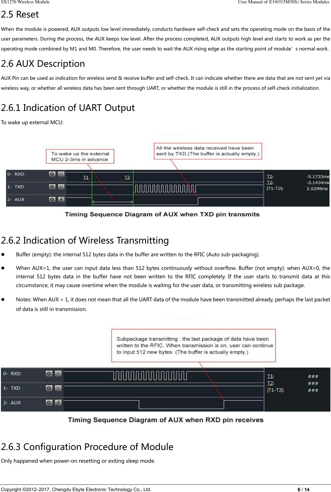 SX1276 Wireless Module                                                                                                                                                                User Manual of E19(915M30S) Series Modules Copyright ©2012–2017, Chengdu Ebyte Electronic Technology Co., Ltd.                                                                                                                            6 / 14 2.5 Reset When the module is powered, AUX outputs low level immediately, conducts hardware self-check and sets the operating mode on the basis of the user parameters. During the process, the AUX keeps low level. After the process completed, AUX outputs high level and starts to work as per the operating mode combined by M1 and M0. Therefore, the user needs to wait the AUX rising edge as the starting point of module’s normal work. 2.6 AUX Description AUX Pin can be used as indication for wireless send &amp; receive buffer and self-check. It can indicate whether there are data that are not sent yet via wireless way, or whether all wireless data has been sent through UART, or whether the module is still in the process of self-check initialization. 2.6.1 Indication of UART Output To wake up external MCU:  2.6.2 Indication of Wireless Transmitting  Buffer (empty): the internal 512 bytes data in the buffer are written to the RFIC (Auto sub-packaging).    When AUX=1, the user can input data less than 512 bytes continuously without overflow. Buffer (not empty): when AUX=0, the internal  512  bytes  data  in  the buffer  have  not  been  written  to  the  RFIC  completely.  If  the  user  starts  to  transmit  data  at  this circumstance, it may cause overtime when the module is waiting for the user data, or transmitting wireless sub package.  Notes: When AUX = 1, it does not mean that all the UART data of the module have been transmitted already, perhaps the last packet of data is still in transmission.  2.6.3 Configuration Procedure of Module Only happened when power-on resetting or exiting sleep mode. 