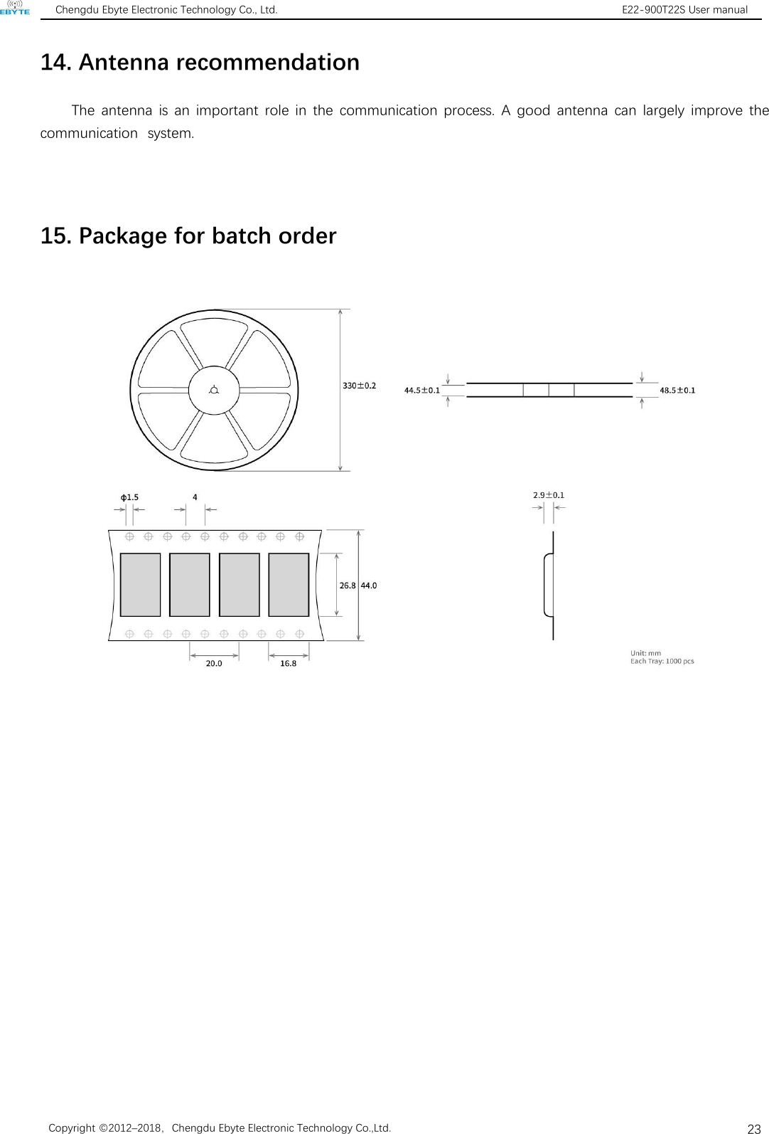 Chengdu Ebyte Electronic Technology Co., Ltd. E22-900T22S User manualCopyright ©2012–2018，Chengdu Ebyte Electronic Technology Co.,Ltd.2314. Antenna recommendationThe antenna is an important role in the communication process. A good antenna can largely improve the communication system. 15. Package for batch order