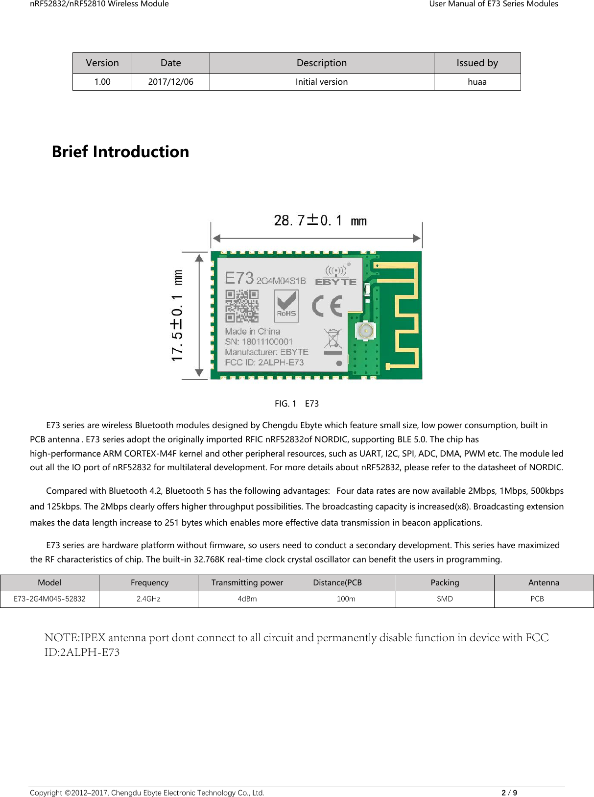 Page 2 of Chengdu Ebyte Electronic Technology E73 Bluetooth User Manual 