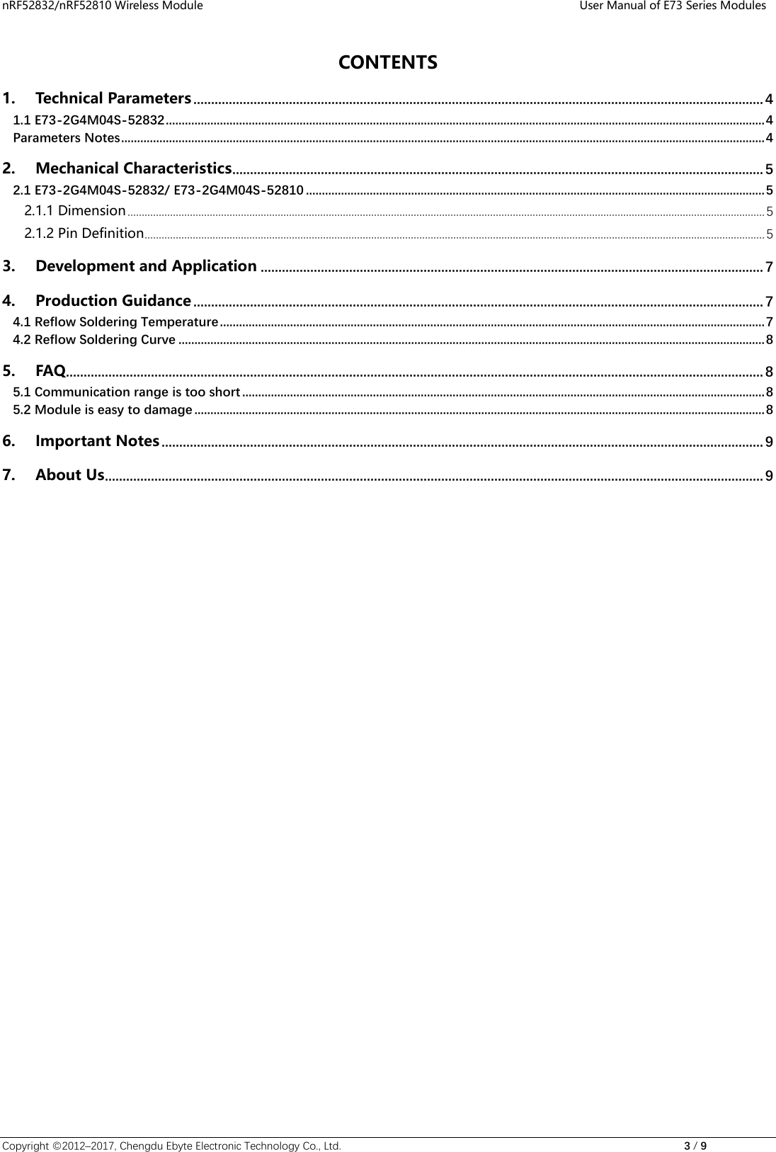 Page 3 of Chengdu Ebyte Electronic Technology E73 Bluetooth User Manual 