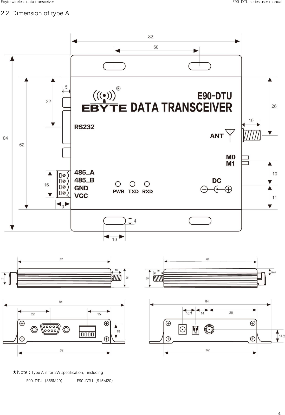 Ebyte wireless data transceiver                                                                                         E90-DTU series user manual .                                                                                                                                        4 2.2. Dimension of type A   ★Note：Type A is for 2W specification，including：               E90-DTU（868M20）      E90-DTU（915M20）    