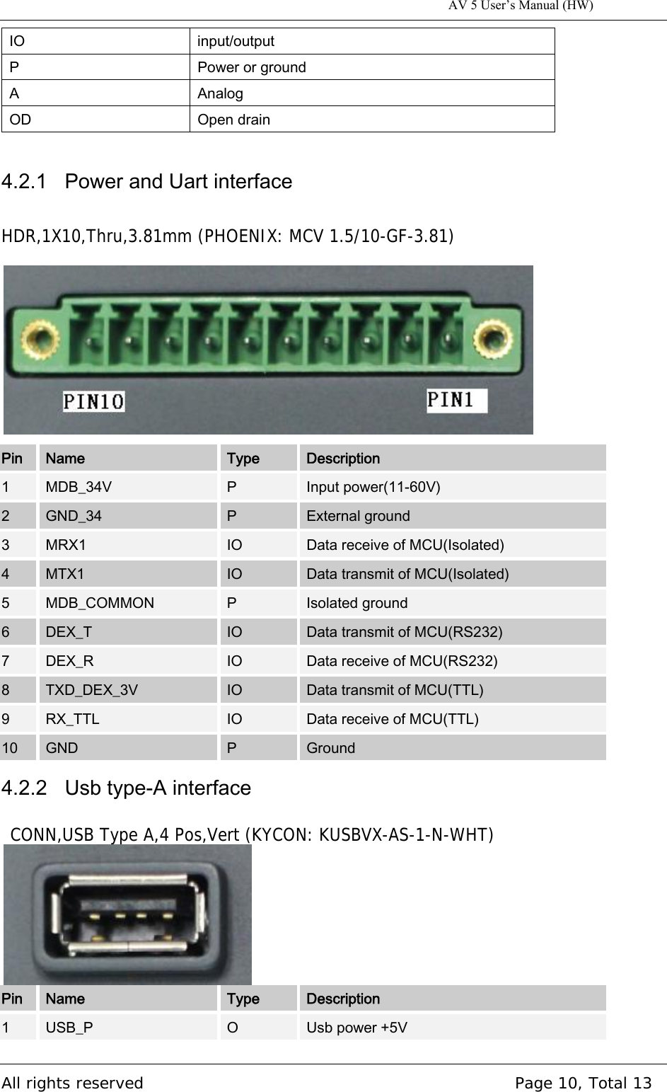 All rights reserved    Page 10, Total 13 IO  input/output P  Power or ground A  Analog OD  Open drain 4.2.1   Power and Uart interface HDR,1X10,Thru,3.81mm (PHOENIX: MCV 1.5/10-GF-3.81) Pin  Name  Type  Description 1  MDB_34V  P  Input power(11-60V) 2  GND_34  P  External ground 3  MRX1  IO  Data receive of MCU(Isolated) 4  MTX1  IO  Data transmit of MCU(Isolated) 5  MDB_COMMON  P  Isolated ground 6  DEX_T  IO  Data transmit of MCU(RS232) 7  DEX_R  IO  Data receive of MCU(RS232) 8  TXD_DEX_3V  IO  Data transmit of MCU(TTL) 9  RX_TTL  IO  Data receive of MCU(TTL) 10  GND  P  Ground 4.2.2   Usb type-A interface CONN,USB Type A,4 Pos,Vert (KYCON: KUSBVX-AS-1-N-WHT) Pin  Name  Type  Description 1  USB_P  O  Usb power +5V AV 5 User’s Manual (HW) 