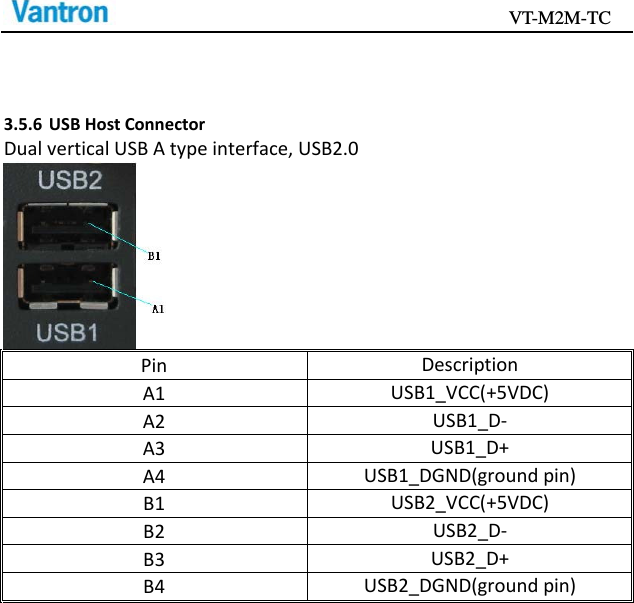                                           VT-M2M-TC   3.5.6 USBHostConnectorDualverticalUSBAtypeinterface,USB2.0PinDescriptionA1USB1_VCC(+5VDC)A2USB1_D‐A3USB1_D+A4USB1_DGND(groundpin)B1USB2_VCC(+5VDC)B2USB2_D‐B3USB2_D+B4USB2_DGND(groundpin)