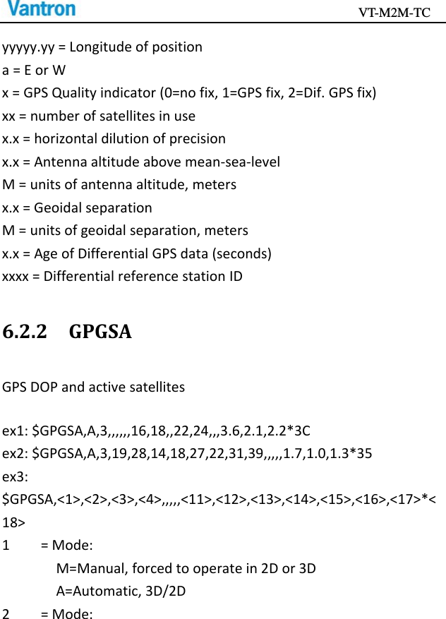                                           VT-M2M-TC   yyyyy.yy=Longitudeofpositiona=EorWx=GPSQualityindicator(0=nofix,1=GPSfix,2=Dif.GPSfix)xx=numberofsatellitesinusex.x=horizontaldilutionofprecisionx.x=Antennaaltitudeabovemean‐sea‐levelM=unitsofantennaaltitude,metersx.x=GeoidalseparationM=unitsofgeoidalseparation,metersx.x=AgeofDifferentialGPSdata(seconds)xxxx=DifferentialreferencestationID6.2.2GPGSAGPSDOPandactivesatellitesex1:$GPGSA,A,3,,,,,,16,18,,22,24,,,3.6,2.1,2.2*3Cex2:$GPGSA,A,3,19,28,14,18,27,22,31,39,,,,,1.7,1.0,1.3*35ex3:$GPGSA,&lt;1&gt;,&lt;2&gt;,&lt;3&gt;,&lt;4&gt;,,,,,&lt;11&gt;,&lt;12&gt;,&lt;13&gt;,&lt;14&gt;,&lt;15&gt;,&lt;16&gt;,&lt;17&gt;*&lt;18&gt;1=Mode:M=Manual,forcedtooperatein2Dor3DA=Automatic,3D/2D2=Mode: