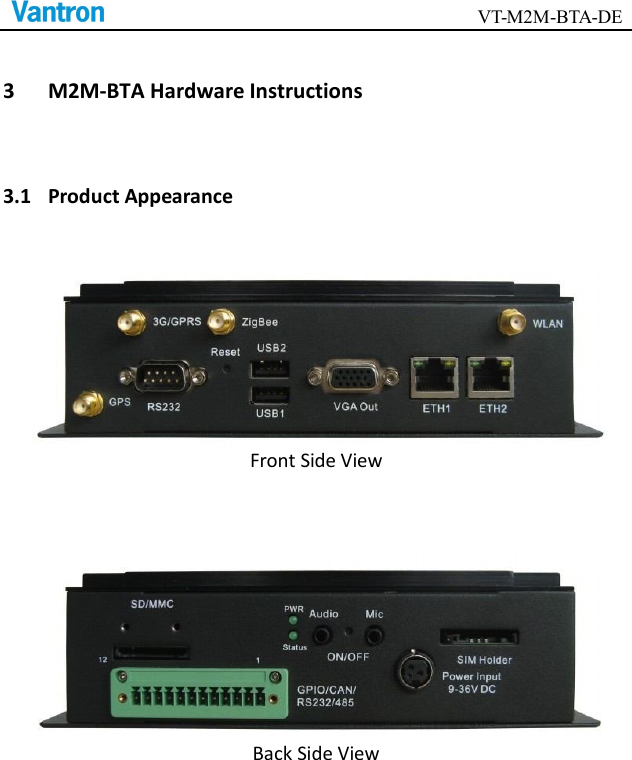                                       VT-M2M-BTA-DE  3 M2M-BTA Hardware Instructions 3.1 Product Appearance   Front Side View     Back Side View   