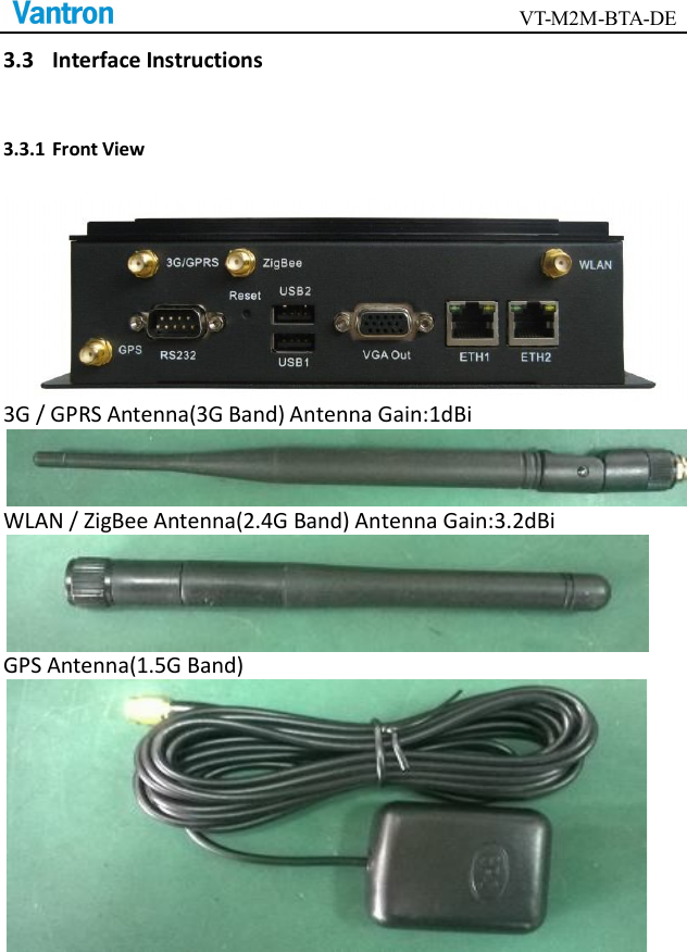                                        VT-M2M-BTA-DE  3.3 Interface Instructions 3.3.1 Front View   3G / GPRS Antenna(3G Band) Antenna Gain:1dBi  WLAN / ZigBee Antenna(2.4G Band) Antenna Gain:3.2dBi  GPS Antenna(1.5G Band)  