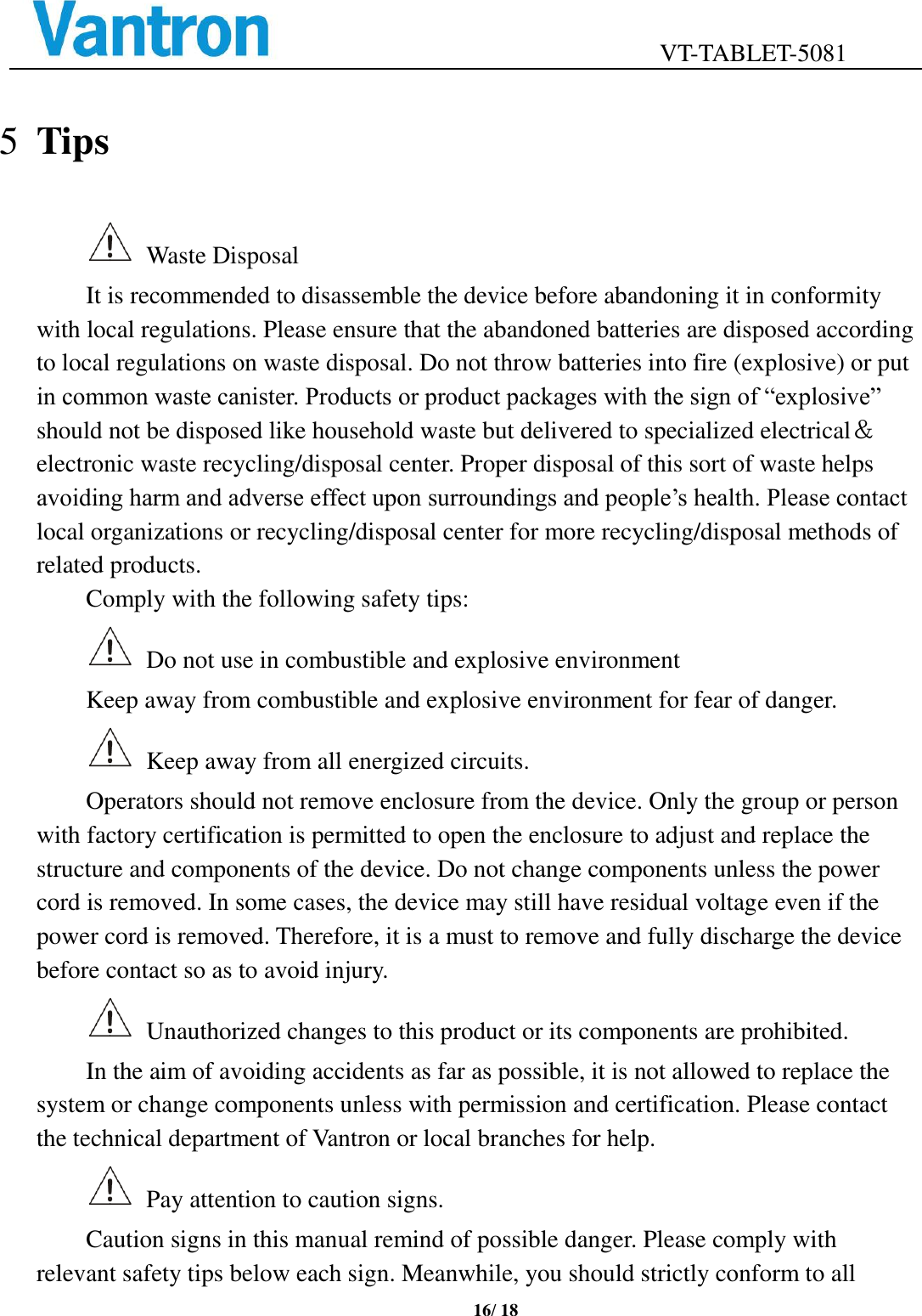 Page 16 of Chengdu Vantron Technology VTTABLET-5081 Tablet Computer User Manual