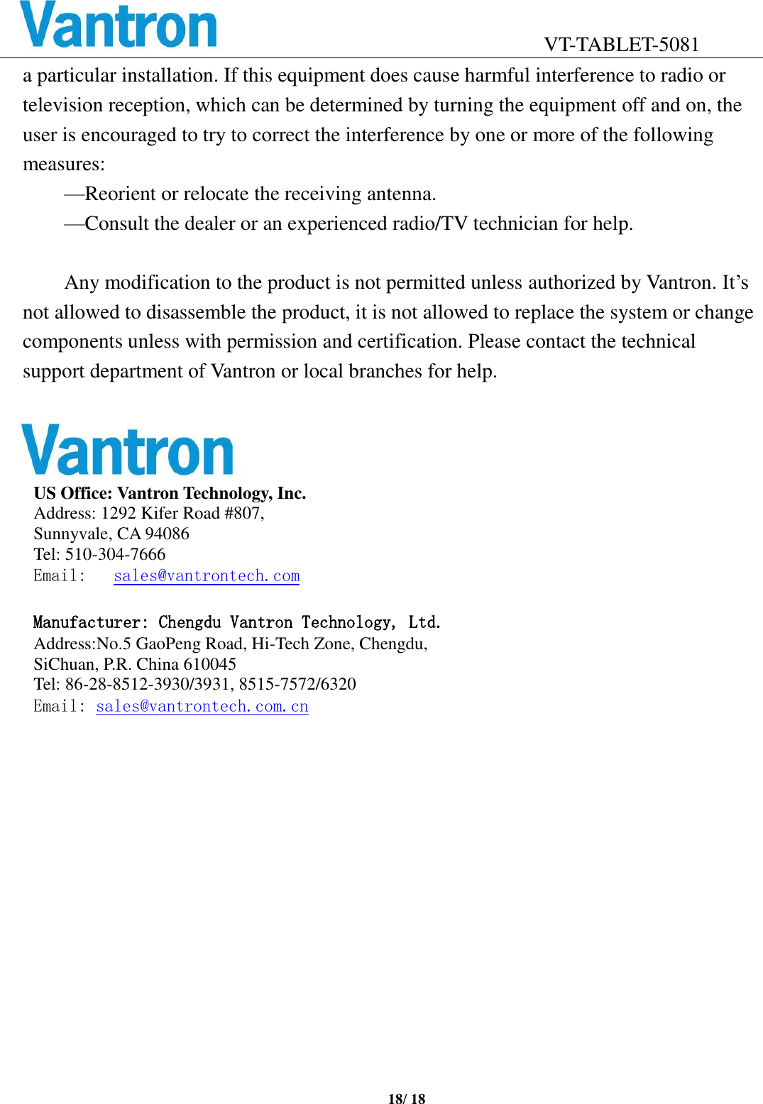 Page 18 of Chengdu Vantron Technology VTTABLET-5081 Tablet Computer User Manual