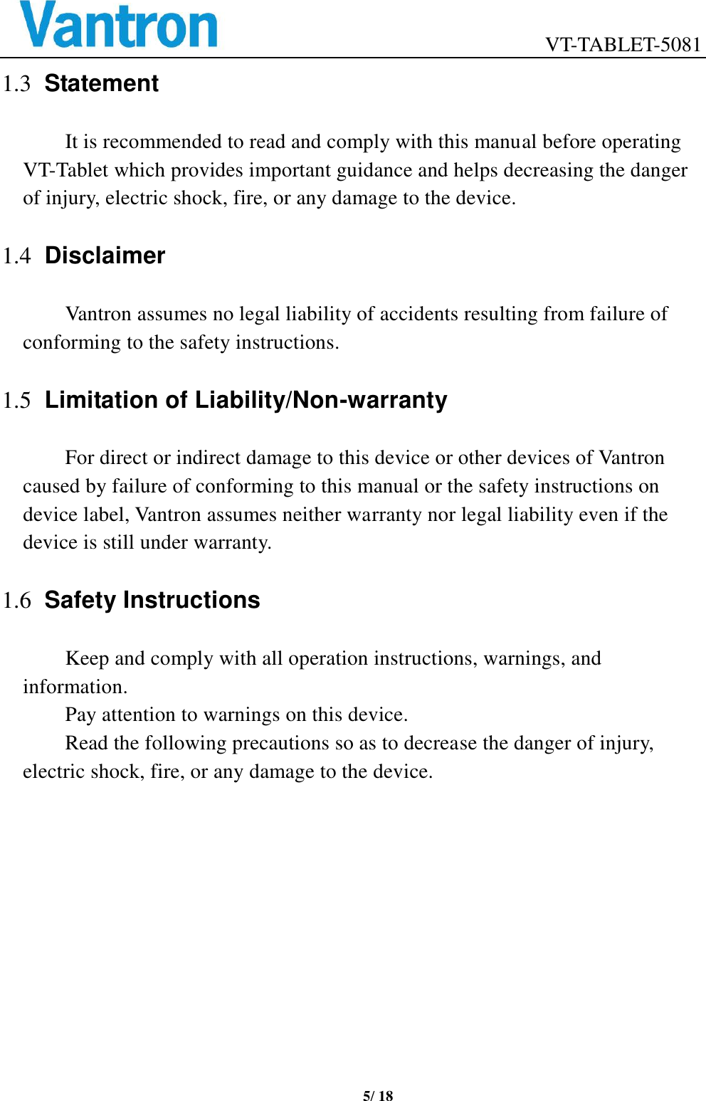 Page 5 of Chengdu Vantron Technology VTTABLET-5081 Tablet Computer User Manual