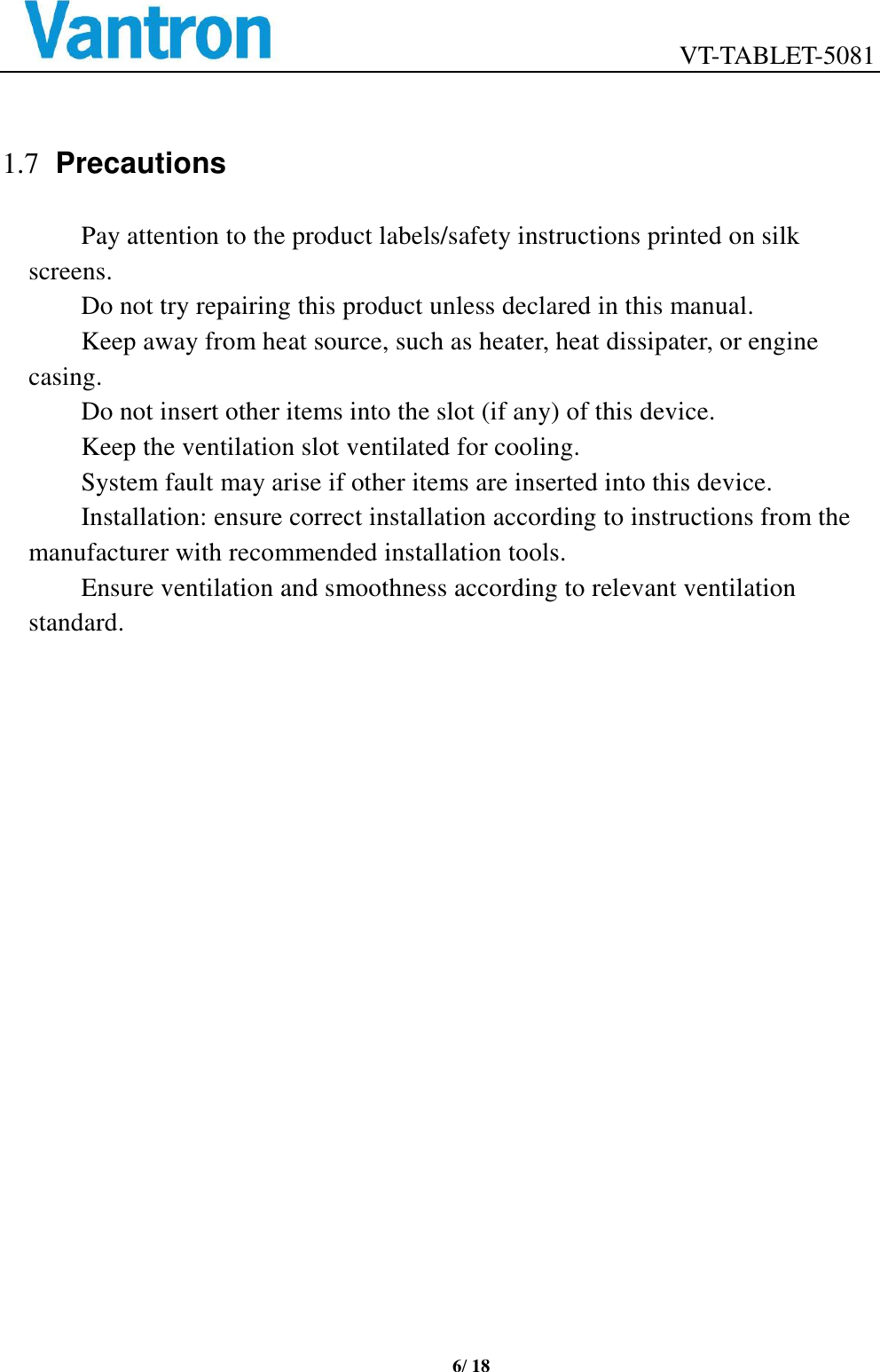 Page 6 of Chengdu Vantron Technology VTTABLET-5081 Tablet Computer User Manual