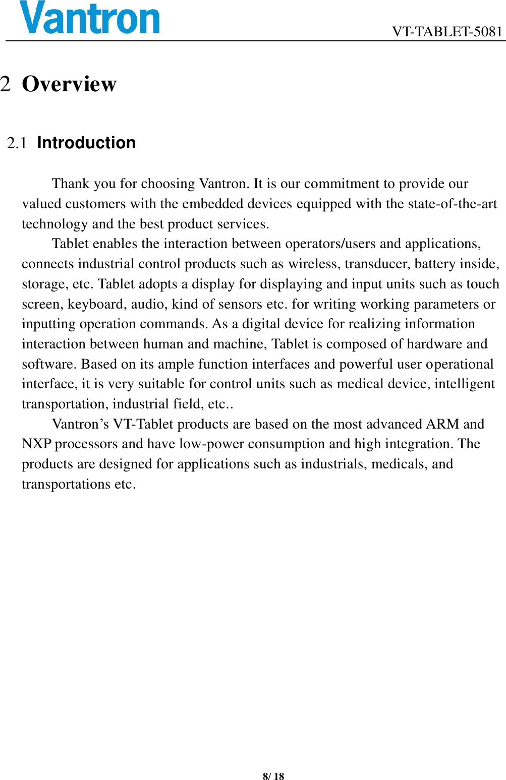 Page 8 of Chengdu Vantron Technology VTTABLET-5081 Tablet Computer User Manual