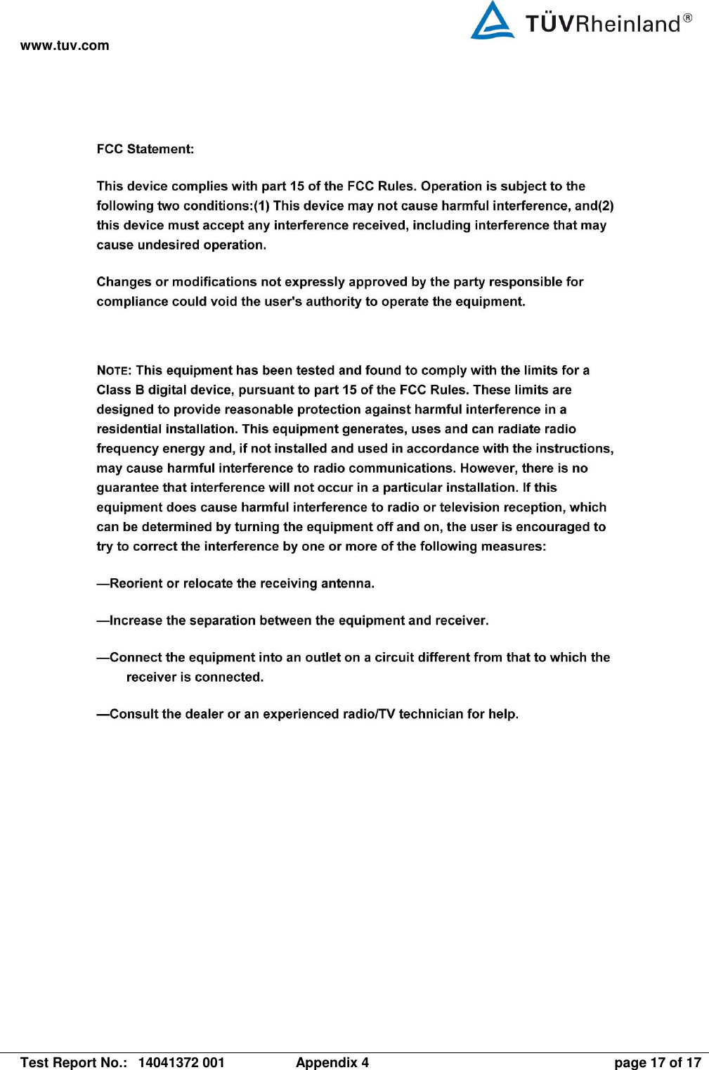 www.tuv.com   Test Report No.:  14041372 001  Appendix 4  page 17 of 17   