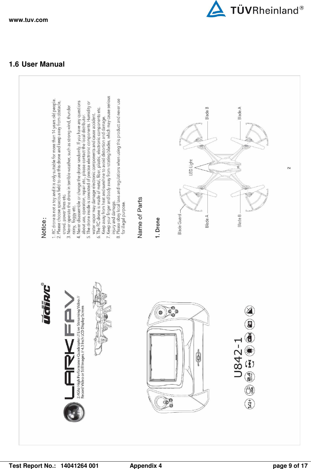 www.tuv.com   Test Report No.:  14041264 001  Appendix 4  page 9 of 17 1.6 User Manual  