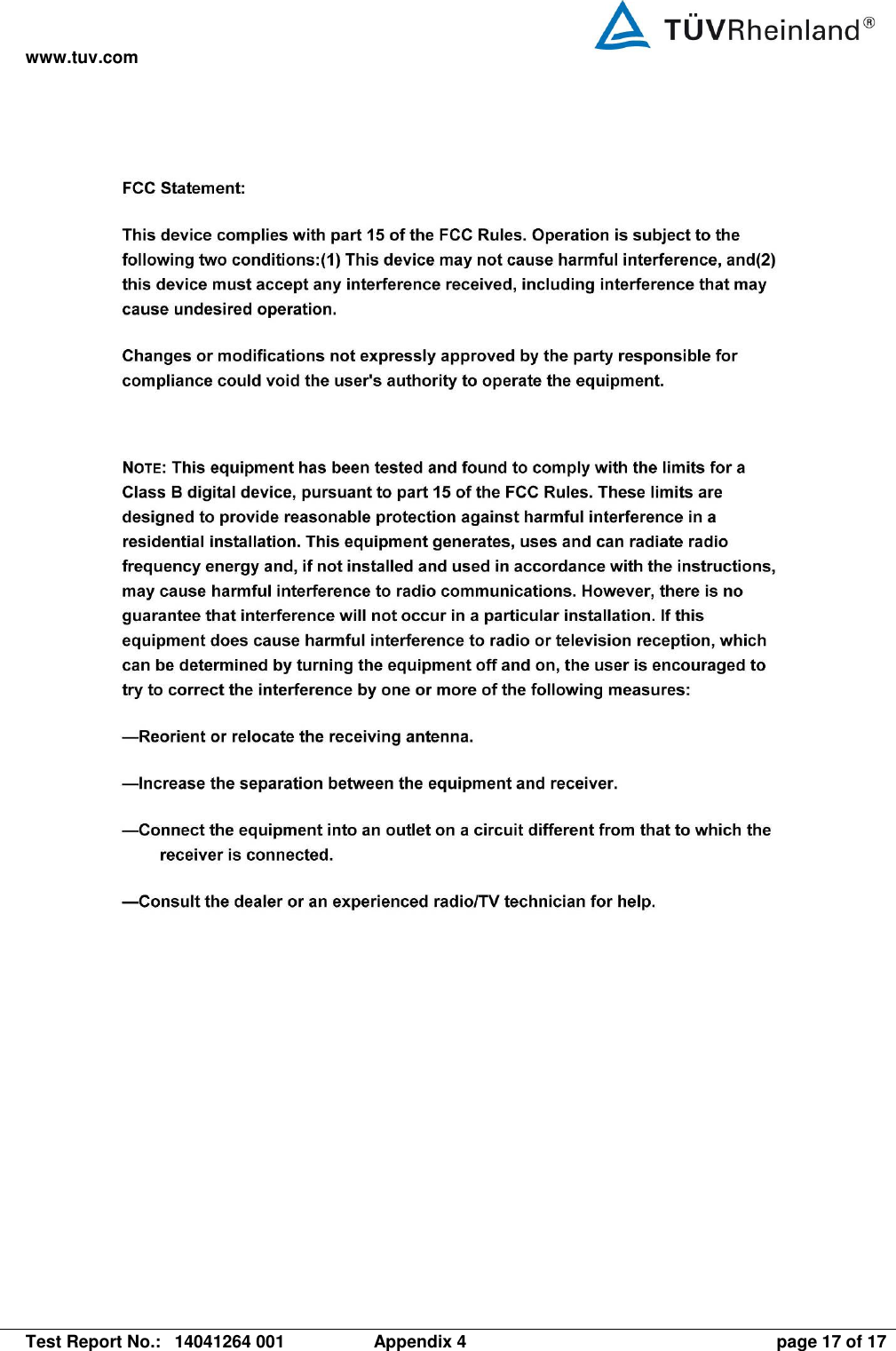 www.tuv.com   Test Report No.:  14041264 001  Appendix 4  page 17 of 17   
