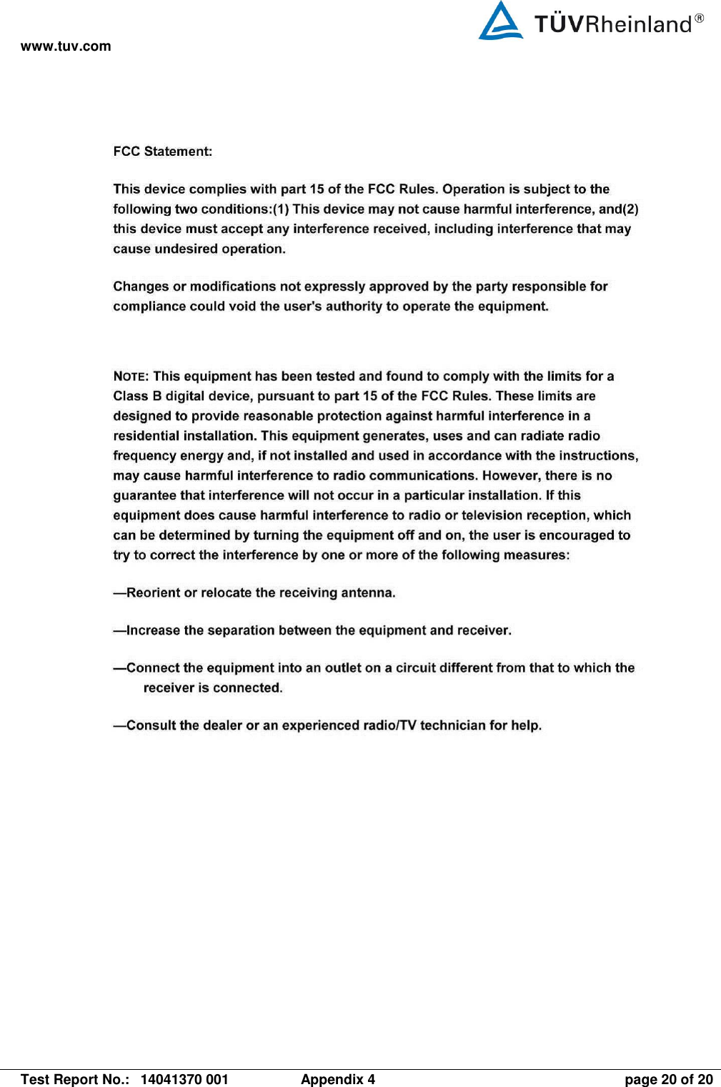 www.tuv.com   Test Report No.:  14041370 001  Appendix 4  page 20 of 20   