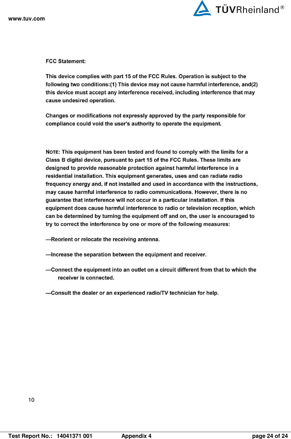 www.tuv.com   Test Report No.:  14041371 001  Appendix 4  page 24 of 24 10    