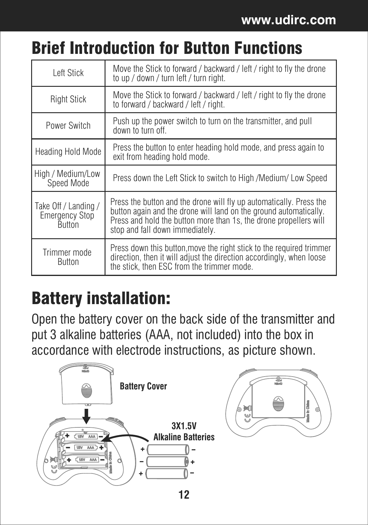 12www.udirc.comBrief Introduction for Button FunctionsHigh / Medium/Low Speed ModeLeft StickRight StickPower SwitchPress down the Left Stick to switch to High /Medium/ Low SpeedMove the Stick to forward / backward / left / right to fly the drone to up / down / turn left / turn right.Move the Stick to forward / backward / left / right to fly the drone to forward / backward / left / right.Push up the power switch to turn on the transmitter, and pull down to turn off.Heading Hold Mode Press the button to enter heading hold mode, and press again to exit from heading hold mode.Trimmer mode ButtonPress down this button,move the right stick to the required trimmer direction, then it will adjust the direction accordingly, when loose the stick, then ESC from the trimmer mode.Take Off / Landing / Emergency Stop ButtonPress the button and the drone will fly up automatically. Press thebutton again and the drone will land on the ground automatically. Press and hold the button more than 1s, the drone propellers will stop and fall down immediately.Open the battery cover on the back side of the transmitter andput 3 alkaline batteries (AAA, not included) into the box in accordance with electrode instructions, as picture shown.Battery installation: 3X1.5VAlkaline BatteriesBattery Cover