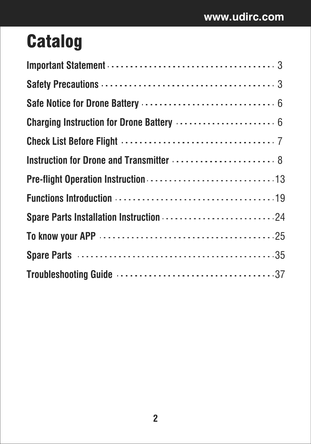 2www.udirc.comCatalogImportant Statement3Safety Precautions3Safe Notice for Drone Battery6Charging Instruction for Drone Battery6Check List Before Flight7Instruction for Drone and Transmitter8Pre-flight Operation Instruction13Functions Introduction19Spare Parts Installation Instruction24To know your APP25Spare Parts35Troubleshooting Guide37