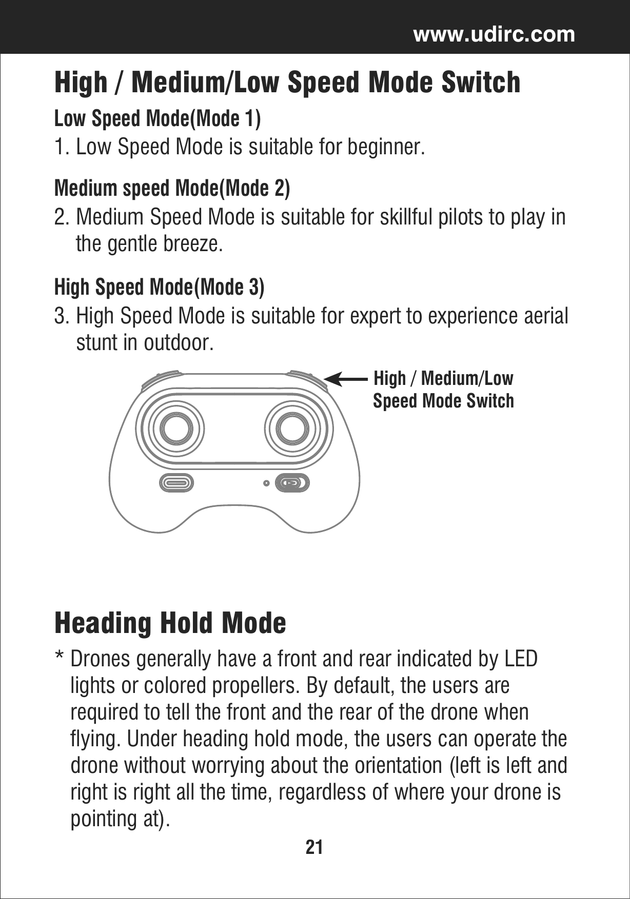 21www.udirc.com* Drones generally have a front and rear indicated by LED    lights or colored propellers. By default, the users are   required to tell the front and the rear of the drone when    flying. Under heading hold mode, the users can operate the   drone without worrying about the orientation (left is left and   right is right all the time, regardless of where your drone is    pointing at).Heading Hold Mode High / Medium/LowSpeed Mode SwitchHigh / Medium/Low Speed Mode Switch2. Medium Speed Mode is suitable for skillful pilots to play in     the gentle breeze. Medium speed Mode(Mode 2)1. Low Speed Mode is suitable for beginner.Low Speed Mode(Mode 1)3. High Speed Mode is suitable for expert to experience aerial     stunt in outdoor.High Speed Mode(Mode 3)