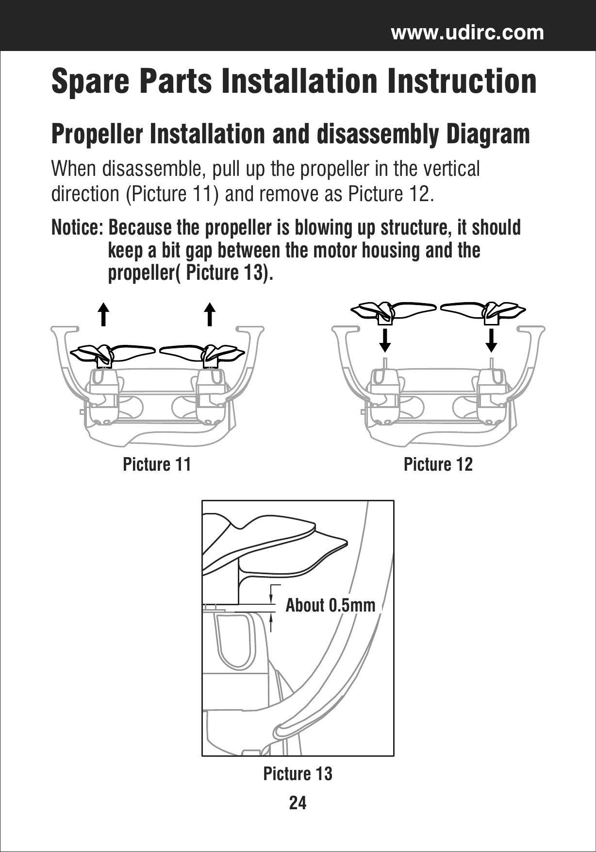 24www.udirc.comPicture 11Picture 13Picture 12Propeller Installation and disassembly DiagramWhen disassemble, pull up the propeller in the vertical direction (Picture 11) and remove as Picture 12.Notice: Because the propeller is blowing up structure, it should             keep a bit gap between the motor housing and the             propeller( Picture 13).Spare Parts Installation InstructionAbout 0.5mm