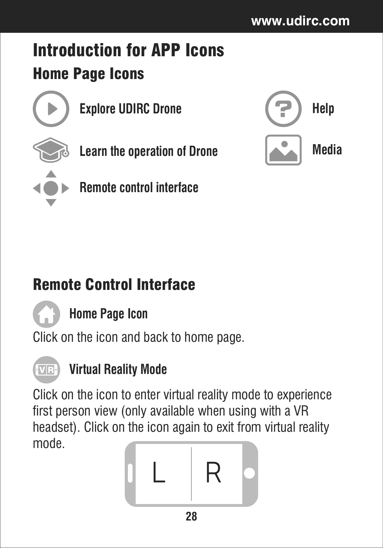 28www.udirc.comRemote control interfaceIntroduction for APP IconsHome Page IconsExplore UDIRC DroneLearn the operation of DroneHelpMediaRemote Control Interface-3Home Page Icon Click on the icon and back to home page.Click on the icon to enter virtual reality mode to experience first person view (only available when using with a VR headset). Click on the icon again to exit from virtual reality mode.  Virtual Reality Mode 
