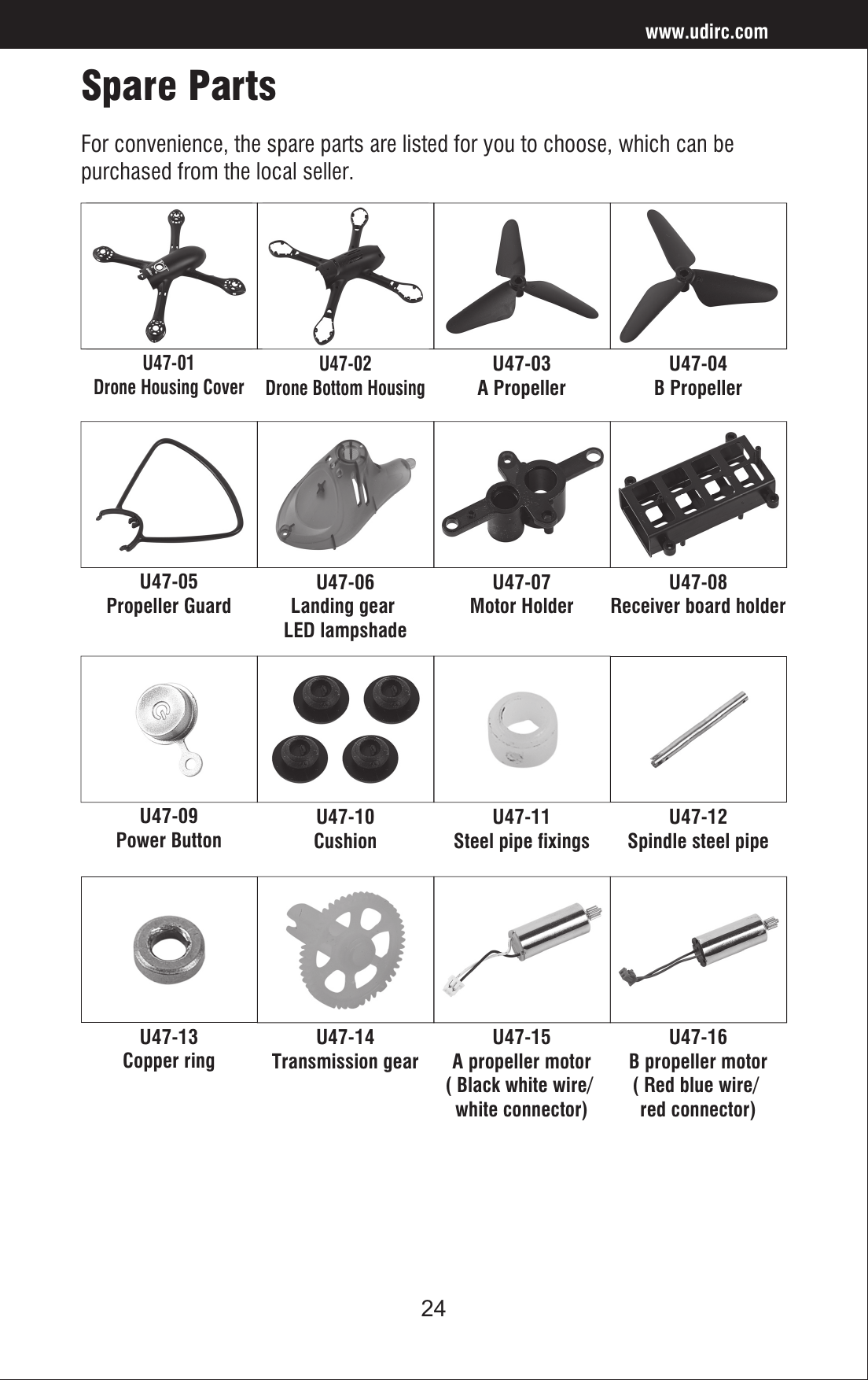 24www.udirc.comU47-13Copper ringU47-14Transmission gearU47-15A propeller motor( Black white wire/ white connector)U47-16B propeller motor( Red blue wire/ red connector)Spare Parts For convenience, the spare parts are listed for you to choose, which can be purchased from the local seller. U47-01Drone Housing CoverU47-02Drone Bottom HousingU47-03A PropellerU47-04B PropellerU47-05Propeller GuardU47-06Landing gear LED lampshadeU47-07Motor HolderU47-08Receiver board holderU47-09Power ButtonU47-10CushionU47-11Steel pipe fixingsU47-12Spindle steel pipe