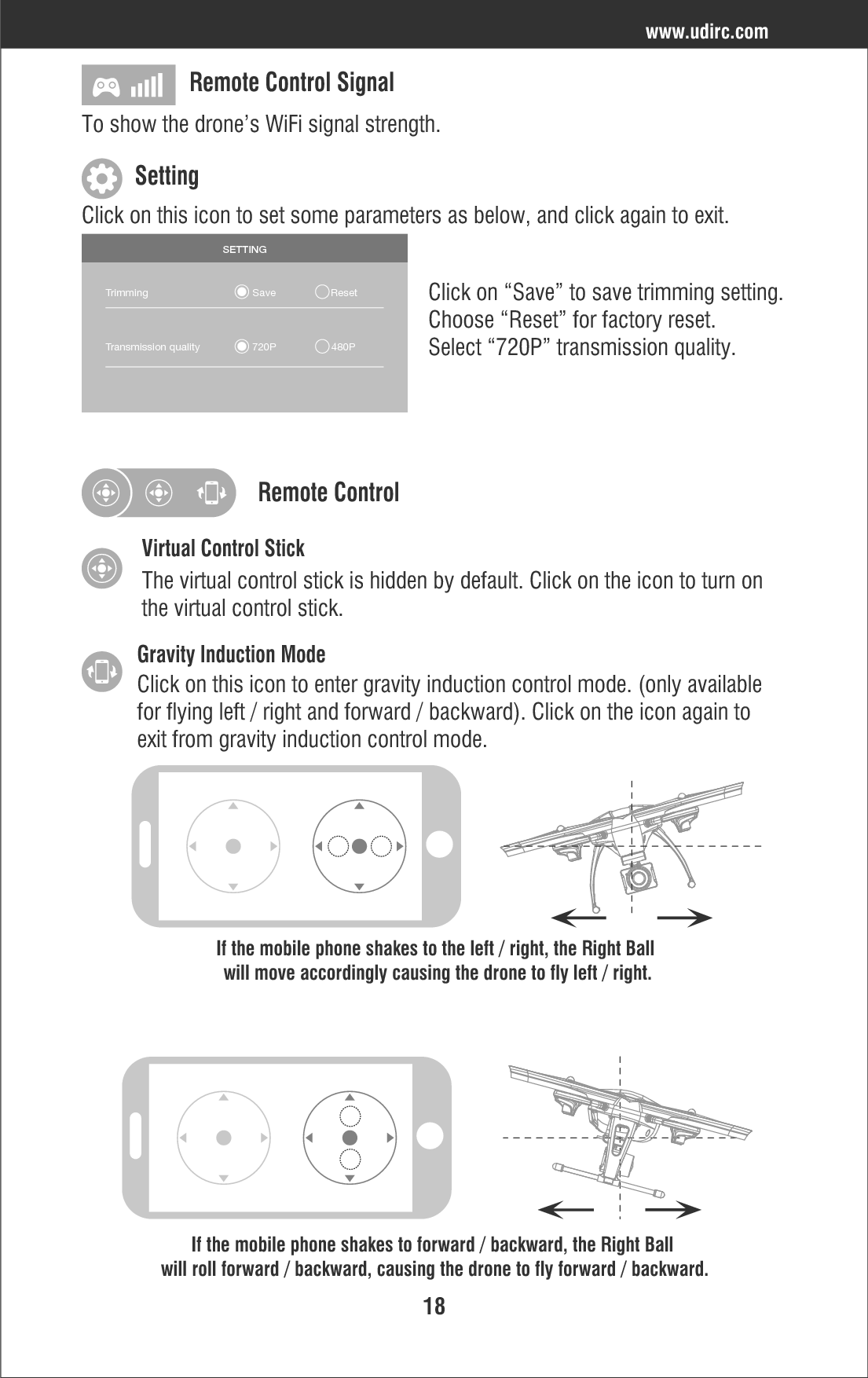 18www.udirc.comTo show the drone’s WiFi signal strength.Remote Control SignalClick on this icon to set some parameters as below, and click again to exit.Click on “Save” to save trimming setting. Choose “Reset” for factory reset.Select “720P” transmission quality.Setting SETTINGTrimming                                    Save                   ResetTransmission quality                  720P                   480PRemote Control Virtual Control StickThe virtual control stick is hidden by default. Click on the icon to turn onthe virtual control stick.Gravity Induction Mode Click on this icon to enter gravity induction control mode. (only available for flying left / right and forward / backward). Click on the icon again to exit from gravity induction control mode.If the mobile phone shakes to the left / right, the Right Ball will move accordingly causing the drone to fly left / right.If the mobile phone shakes to forward / backward, the Right Ball will roll forward / backward, causing the drone to fly forward / backward.