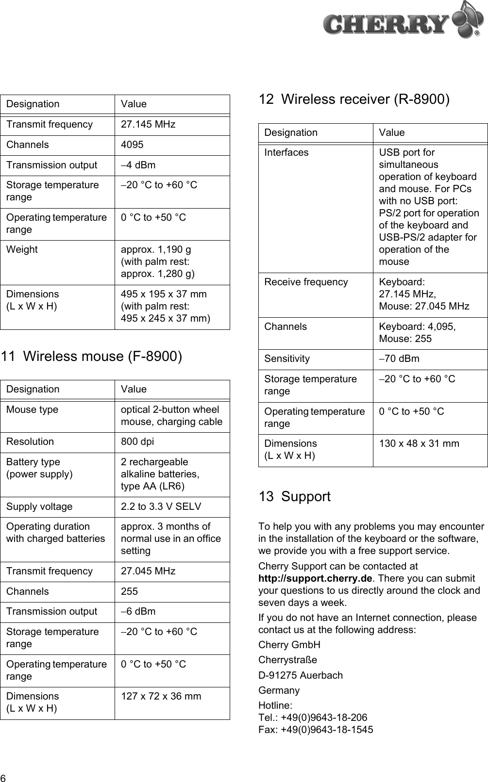 611 Wireless mouse (F-8900)Transmit frequency 27.145 MHzChannels 4095Transmission output −4 dBmStorage temperature range−20 °C to +60 °COperating temperature range0 °C to +50 °CWeight approx. 1,190 g (with palm rest: approx. 1,280 g)Dimensions (L x W x H)495 x 195 x 37 mm (with palm rest: 495 x 245 x 37 mm)Designation ValueMouse type optical 2-button wheel mouse, charging cableResolution 800 dpiBattery type (power supply)2 rechargeable alkaline batteries, type AA (LR6)Supply voltage 2.2 to 3.3 V SELVOperating duration with charged batteriesapprox. 3 months of normal use in an office settingTransmit frequency 27.045 MHzChannels 255Transmission output −6 dBmStorage temperature range−20 °C to +60 °COperating temperature range0 °C to +50 °CDimensions (L x W x H)127 x 72 x 36 mmDesignation Value 12 Wireless receiver (R-8900)13 SupportTo help you with any problems you may encounter in the installation of the keyboard or the software, we provide you with a free support service. Cherry Support can be contacted at http://support.cherry.de. There you can submit your questions to us directly around the clock and seven days a week.If you do not have an Internet connection, please contact us at the following address:Cherry GmbHCherrystraßeD-91275 AuerbachGermanyHotline:Tel.: +49(0)9643-18-206Fax: +49(0)9643-18-1545Designation ValueInterfaces USB port for simultaneous operation of keyboard and mouse. For PCs with no USB port: PS/2 port for operation of the keyboard and USB-PS/2 adapter for operation of the mouseReceive frequency Keyboard: 27.145 MHz, Mouse: 27.045 MHzChannels Keyboard: 4,095, Mouse: 255Sensitivity −70 dBmStorage temperature range−20 °C to +60 °COperating temperature range0 °C to +50 °CDimensions (L x W x H)130 x 48 x 31 mm