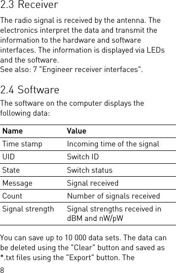 82.3 ReceiverThe radio signal is received by the antenna. The electronics interpret the data and transmit the information to the hardware and software interfaces. The information is displayed via LEDs and the software. See also: 7 &quot;Engineer receiver interfaces&quot;.2.4 SoftwareThe software on the computer displays the following data:You can save up to 10 000 data sets. The data can be deleted using the &quot;Clear&quot; button and saved as *.txt files using the &quot;Export&quot; button. The Name ValueTime stamp Incoming time of the signalUID Switch IDState Switch statusMessage Signal receivedCount Number of signals receivedSignal strength Signal strengths received in dBM and nW/pW