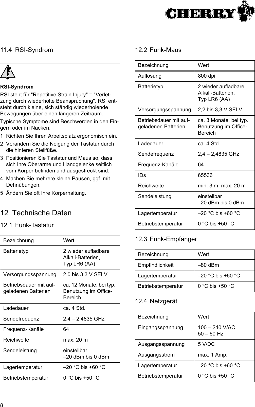 811.4 RSI-SyndromRSI-SyndromRSI steht für &quot;Repetitive Strain Injury&quot; = &quot;Verlet-zung durch wiederholte Beanspruchung&quot;. RSI ent-steht durch kleine, sich ständig wiederholende Bewegungen über einen längeren Zeitraum.Typische Symptome sind Beschwerden in den Fin-gern oder im Nacken.1 Richten Sie Ihren Arbeitsplatz ergonomisch ein.2 Verändern Sie die Neigung der Tastatur durch die hinteren Stellfüße.3 Positionieren Sie Tastatur und Maus so, dass sich Ihre Oberarme und Handgelenke seitlich vom Körper befinden und ausgestreckt sind.4 Machen Sie mehrere kleine Pausen, ggf. mit Dehnübungen.5 Ändern Sie oft Ihre Körperhaltung.12 Technische Daten12.1 Funk-TastaturBezeichnung WertBatterietyp 2 wieder aufladbare Alkali-Batterien, Typ LR6 (AA)Versorgungsspannung 2,0 bis 3,3 V SELVBetriebsdauer mit auf-geladenen Batterienca. 12 Monate, bei typ. Benutzung im Office-BereichLadedauer ca. 4 Std.Sendefrequenz 2,4 − 2,4835 GHzFrequenz-Kanäle 64Reichweite max. 20 mSendeleistung einstellbar −20 dBm bis 0 dBmLagertemperatur −20 °C bis +60 °CBetriebstemperatur 0 °C bis +50 °C12.2 Funk-Maus12.3 Funk-Empfänger12.4 NetzgerätBezeichnung WertAuflösung 800 dpiBatterietyp 2 wieder aufladbare Alkali-Batterien, Typ LR6 (AA)Versorgungsspannung 2,2 bis 3,3 V SELVBetriebsdauer mit auf-geladenen Batterienca. 3 Monate, bei typ. Benutzung im Office-BereichLadedauer ca. 4 Std.Sendefrequenz 2,4 − 2,4835 GHzFrequenz-Kanäle 64IDs 65536Reichweite min. 3 m, max. 20 mSendeleistung einstellbar −20 dBm bis 0 dBmLagertemperatur −20 °C bis +60 °CBetriebstemperatur 0 °C bis +50 °CBezeichnung WertEmpfindlichkeit −80 dBmLagertemperatur −20 °C bis +60 °CBetriebstemperatur 0 °C bis +50 °CBezeichnung WertEingangsspannung 100 – 240 V/AC, 50 – 60 HzAusgangsspannung 5 V/DCAusgangsstrom max. 1 Amp.Lagertemperatur −20 °C bis +60 °CBetriebstemperatur 0 °C bis +50 °C