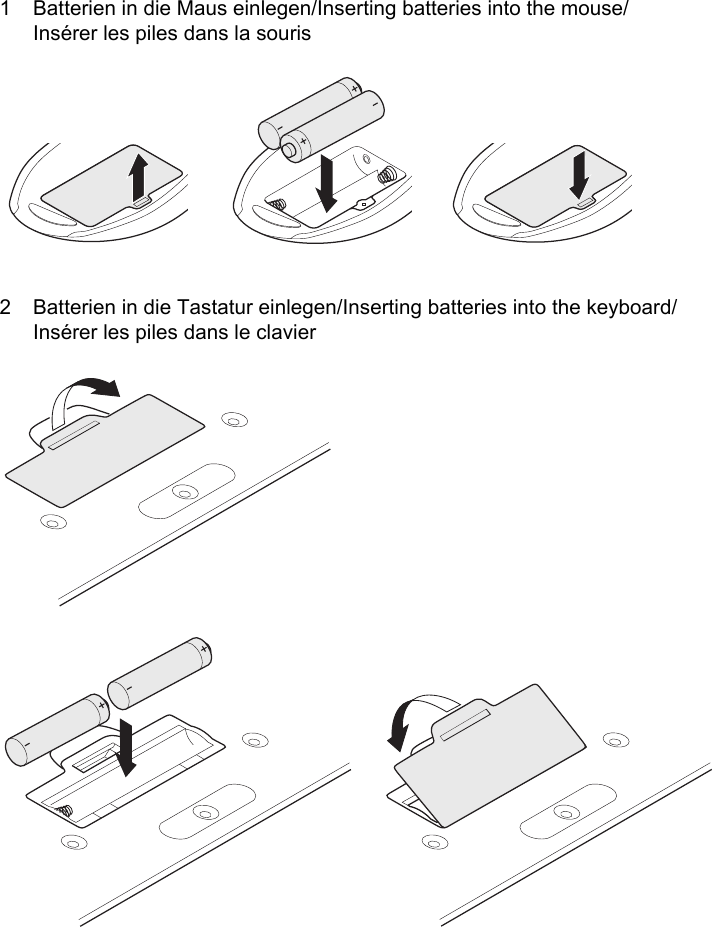 1 Batterien in die Maus einlegen/Inserting batteries into the mouse/Insérer les piles dans la souris2 Batterien in die Tastatur einlegen/Inserting batteries into the keyboard/Insérer les piles dans le clavier