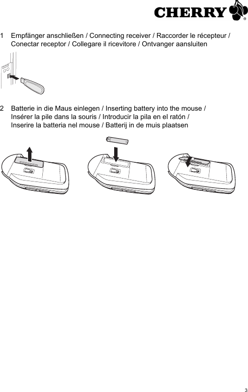 31 Empfänger anschließen / Connecting receiver / Raccorder le récepteur / Conectar receptor / Collegare il ricevitore / Ontvanger aansluiten2 Batterie in die Maus einlegen / Inserting battery into the mouse /Insérer la pile dans la souris / Introducir la pila en el ratón /Inserire la batteria nel mouse / Batterij in de muis plaatsen 