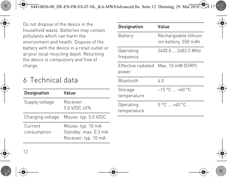 12Do not dispose of the device in the household waste. Batteries may contain pollutants which can harm the environment and health. Dispose of the battery with the device in a retail outlet or at your local recycling depot. Returning the device is compulsory and free of charge.6 Technical dataDesignation ValueSupply voltage Receiver: 5.0 V/DC ±5%Charging voltage Mouse: typ. 5.0 V/DCCurrent consumptionMouse: typ. 10 mAStandby: max. 0.3 mAReceiver: typ. 10 mABattery Rechargeable lithium ion battery, 550 mAhOperating frequency2400.0 ... 2483.5 MHzEffective radiated powerMax. 10 mW (EIRP)Bluetooth 4.0Storage temperature–15 °C ... +60 °COperating temperature0 °C ... +40 °CDesignation Value64410026-00_DE-EN-FR-ES-IT-NL_KA-MW8Advanced.fm  Seite 12  Dienstag, 29. Mai 2018  5:24 17