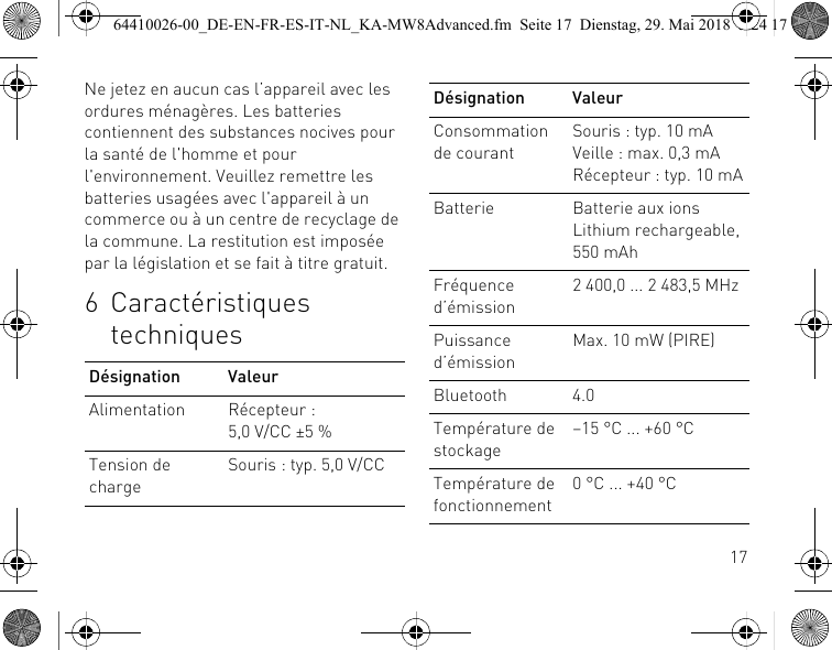 17Ne jetez en aucun cas l’appareil avec les ordures ménagères. Les batteries contiennent des substances nocives pour la santé de l&apos;homme et pour l&apos;environnement. Veuillez remettre les batteries usagées avec l&apos;appareil à un commerce ou à un centre de recyclage de la commune. La restitution est imposée par la législation et se fait à titre gratuit.6 Caractéristiques techniquesDésignation ValeurAlimentation Récepteur : 5,0 V/CC ±5 %Tension de chargeSouris : typ. 5,0 V/CCConsommation de courantSouris : typ. 10 mAVeille : max. 0,3 mARécepteur : typ. 10 mABatterie Batterie aux ions Lithium rechargeable, 550 mAhFréquence d’émission2 400,0 ... 2 483,5 MHzPuissance d’émissionMax. 10 mW (PIRE)Bluetooth 4.0Température de stockage–15 °C ... +60 °CTempérature de fonctionnement0 °C ... +40 °CDésignation Valeur64410026-00_DE-EN-FR-ES-IT-NL_KA-MW8Advanced.fm  Seite 17  Dienstag, 29. Mai 2018  5:24 17