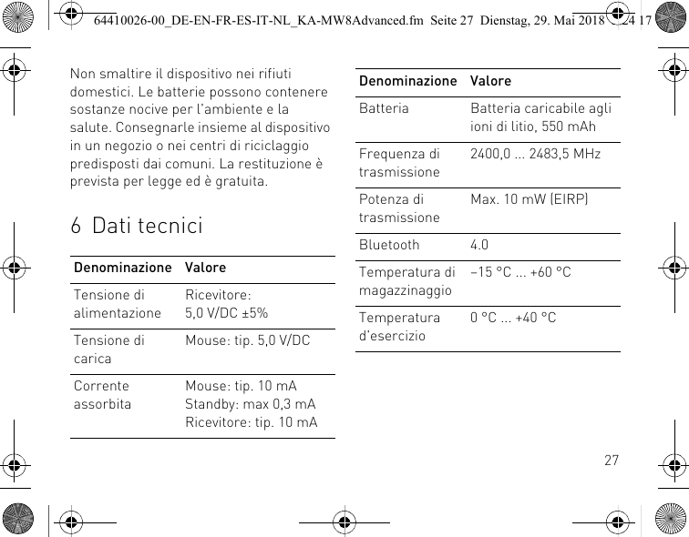 27Non smaltire il dispositivo nei rifiuti domestici. Le batterie possono contenere sostanze nocive per l&apos;ambiente e la salute. Consegnarle insieme al dispositivo in un negozio o nei centri di riciclaggio predisposti dai comuni. La restituzione è prevista per legge ed è gratuita.6 Dati tecniciDenominazione ValoreTensione di alimentazioneRicevitore: 5,0 V/DC ±5%Tensione di caricaMouse: tip. 5,0 V/DCCorrente assorbitaMouse: tip. 10 mAStandby: max 0,3 mARicevitore: tip. 10 mABatteria Batteria caricabile agli ioni di litio, 550 mAhFrequenza di trasmissione2400,0 ... 2483,5 MHzPotenza di trasmissioneMax. 10 mW (EIRP)Bluetooth 4.0Temperatura di magazzinaggio–15 °C ... +60 °CTemperatura d&apos;esercizio0 °C ... +40 °CDenominazione Valore64410026-00_DE-EN-FR-ES-IT-NL_KA-MW8Advanced.fm  Seite 27  Dienstag, 29. Mai 2018  5:24 17