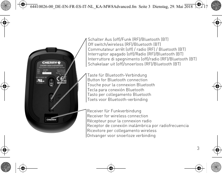 3Schalter Aus (off)/Funk (RF)/Bluetooth (BT)Off switch/wireless (RF)/Bluetooth (BT)Commutateur arrêt (off) / radio (RF) / Bluetooth (BT)Interruptor apagado (off)/Radio (RF)/Bluetooth (BT)Interruttore di spegnimento (off)/radio (RF)/Bluetooth (BT)Schakelaar uit (off)/snoerloos (RF)/Bluetooth (BT)Taste für Bluetooth-VerbindungButton for Bluetooth connectionTouche pour la connexion BluetoothTecla para conexión BluetoothTasto per collegamento BluetoothToets voor Bluetooth-verbindingReceiver für FunkverbindungReceiver for wireless connectionRécepteur pour la connexion radioReceptor de conexión inalámbrica por radiofrecuenciaRicevitore per collegamento wirelessOntvanger voor snoerloze verbinding64410026-00_DE-EN-FR-ES-IT-NL_KA-MW8Advanced.fm  Seite 3  Dienstag, 29. Mai 2018  5:24 17