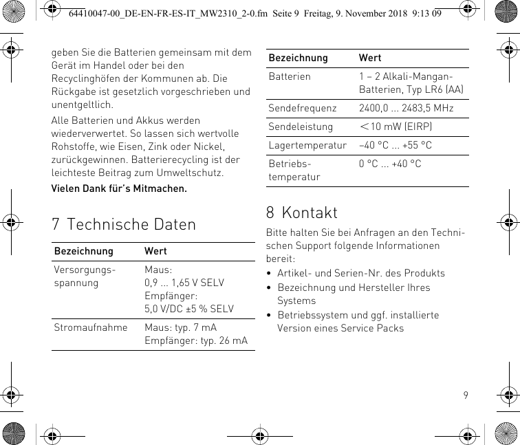 9geben Sie die Batterien gemeinsam mit dem Gerät im Handel oder bei den Recyclinghöfen der Kommunen ab. Die Rückgabe ist gesetzlich vorgeschrieben und unentgeltlich.Alle Batterien und Akkus werden wiederverwertet. So lassen sich wertvolle Rohstoffe, wie Eisen, Zink oder Nickel, zurückgewinnen. Batterierecycling ist der leichteste Beitrag zum Umweltschutz.Vielen Dank für’s Mitmachen.7 Technische DatenBezeichnung WertVersorgungs-spannungMaus: 0,9 ... 1,65 V SELVEmpfänger: 5,0 V/DC ±5 % SELVStromaufnahme Maus: typ. 7 mAEmpfänger: typ. 26 mA8KontaktBitte halten Sie bei Anfragen an den Techni-schen Support folgende Informationen bereit:• Artikel- und Serien-Nr. des Produkts• Bezeichnung und Hersteller Ihres Systems• Betriebssystem und ggf. installierte Version eines Service PacksBatterien 1 – 2 Alkali-Mangan-Batterien, Typ LR6 (AA)Sendefrequenz 2400,0 ... 2483,5 MHzSendeleistung ＜10 mW (EIRP)Lagertemperatur –40 °C ... +55 °CBetriebs-temperatur0 °C ... +40 °CBezeichnung Wert64410047-00_DE-EN-FR-ES-IT_MW2310_2-0.fm  Seite 9  Freitag, 9. November 2018  9:13 09