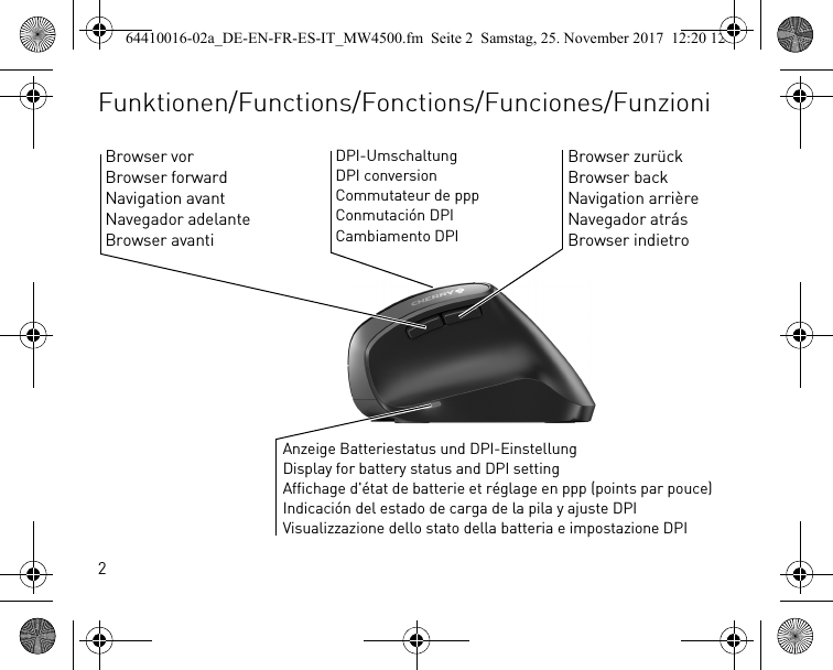 2Anzeige Batteriestatus und DPI-EinstellungDisplay for battery status and DPI settingAffichage d&apos;état de batterie et réglage en ppp (points par pouce)Indicación del estado de carga de la pila y ajuste DPIVisualizzazione dello stato della batteria e impostazione DPIBrowser zurückBrowser backNavigation arrièreNavegador atrásBrowser indietroDPI-UmschaltungDPI conversionCommutateur de pppConmutación DPICambiamento DPIBrowser vorBrowser forwardNavigation avantNavegador adelanteBrowser avantiFunktionen/Functions/Fonctions/Funciones/Funzioni64410016-02a_DE-EN-FR-ES-IT_MW4500.fm  Seite 2  Samstag, 25. November 2017  12:20 12