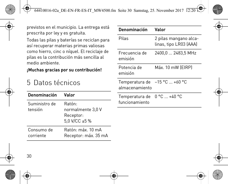 30previstos en el municipio. La entrega está prescrita por ley y es gratuita.Todas las pilas y baterías se reciclan para así recuperar materias primas valiosas como hierro, cinc o níquel. El reciclaje de pilas es la contribución más sencilla al medio ambiente.¡Muchas gracias por su contribución!5 Datos técnicosDenominación ValorSuministro de tensiónRatón: normalmente 3,0 VReceptor: 5,0 V/CC ±5 %Consumo de corrienteRatón: máx. 10 mAReceptor: máx. 35 mAPilas 2 pilas mangano alca-linas, tipo LR03 (AAA)Frecuencia de emisión2400,0 ... 2483,5 MHzPotencia de emisiónMáx. 10 mW (EIRP)Temperatura de almacenamiento–15 °C ... +60 °CTemperatura de funcionamiento0 °C ... +40 °CDenominación Valor64410016-02a_DE-EN-FR-ES-IT_MW4500.fm  Seite 30  Samstag, 25. November 2017  12:20 12