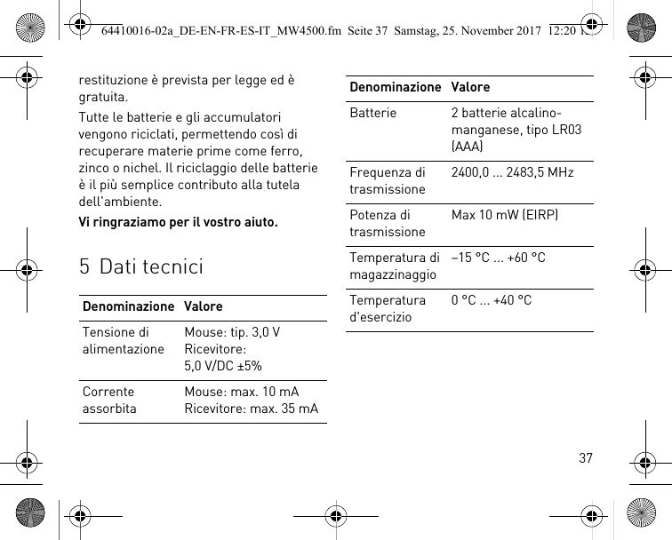37restituzione è prevista per legge ed è gratuita.Tutte le batterie e gli accumulatori vengono riciclati, permettendo così di recuperare materie prime come ferro, zinco o nichel. Il riciclaggio delle batterie è il più semplice contributo alla tutela dell&apos;ambiente.Vi ringraziamo per il vostro aiuto.5 Dati tecniciDenominazione ValoreTensione di alimentazioneMouse: tip. 3,0 VRicevitore: 5,0 V/DC ±5%Corrente assorbitaMouse: max. 10 mARicevitore: max. 35 mABatterie 2 batterie alcalino-manganese, tipo LR03 (AAA)Frequenza di trasmissione2400,0 ... 2483,5 MHzPotenza di trasmissioneMax 10 mW (EIRP)Temperatura di magazzinaggio–15 °C ... +60 °CTemperatura d&apos;esercizio0 °C ... +40 °CDenominazione Valore64410016-02a_DE-EN-FR-ES-IT_MW4500.fm  Seite 37  Samstag, 25. November 2017  12:20 12