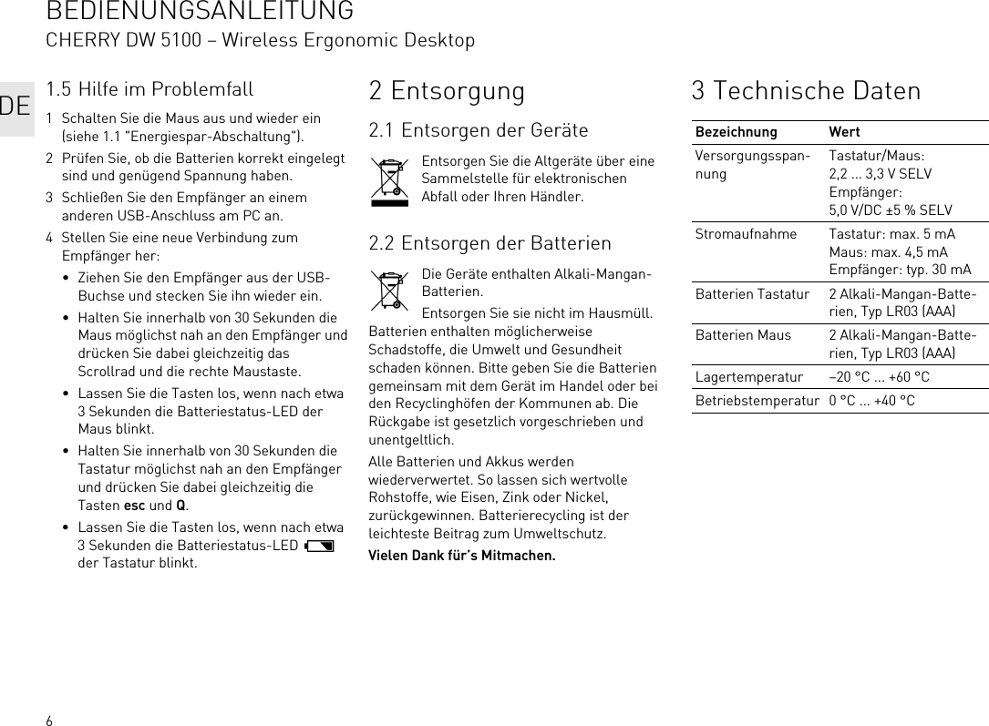61.5 Hilfe im Problemfall1 Schalten Sie die Maus aus und wieder ein (siehe 1.1 &quot;Energiespar-Abschaltung&quot;).2 Prüfen Sie, ob die Batterien korrekt eingelegt sind und genügend Spannung haben.3 Schließen Sie den Empfänger an einem anderen USB-Anschluss am PC an.4 Stellen Sie eine neue Verbindung zum Empfänger her:• Ziehen Sie den Empfänger aus der USB-Buchse und stecken Sie ihn wieder ein.• Halten Sie innerhalb von 30 Sekunden die Maus möglichst nah an den Empfänger und drücken Sie dabei gleichzeitig das Scrollrad und die rechte Maustaste.• Lassen Sie die Tasten los, wenn nach etwa 3 Sekunden die Batteriestatus-LED der Maus blinkt.• Halten Sie innerhalb von 30 Sekunden die Tastatur möglichst nah an den Empfänger und drücken Sie dabei gleichzeitig die Tasten esc und Q.• Lassen Sie die Tasten los, wenn nach etwa 3 Sekunden die Batteriestatus-LED   der Tastatur blinkt.2Entsorgung2.1 Entsorgen der GeräteEntsorgen Sie die Altgeräte über eine Sammelstelle für elektronischen Abfall oder Ihren Händler.2.2 Entsorgen der BatterienDie Geräte enthalten Alkali-Mangan-Batterien.Entsorgen Sie sie nicht im Hausmüll. Batterien enthalten möglicherweise Schadstoffe, die Umwelt und Gesundheit schaden können. Bitte geben Sie die Batterien gemeinsam mit dem Gerät im Handel oder bei den Recyclinghöfen der Kommunen ab. Die Rückgabe ist gesetzlich vorgeschrieben und unentgeltlich.Alle Batterien und Akkus werden wiederverwertet. So lassen sich wertvolle Rohstoffe, wie Eisen, Zink oder Nickel, zurückgewinnen. Batterierecycling ist der leichteste Beitrag zum Umweltschutz.Vielen Dank für’s Mitmachen.3 Technische DatenBezeichnung WertVersorgungsspan-nungTastatur/Maus: 2,2 ... 3,3 V SELVEmpfänger: 5,0 V/DC ±5 % SELVStromaufnahme Tastatur: max. 5 mAMaus: max. 4,5 mAEmpfänger: typ. 30 mABatterien Tastatur 2 Alkali-Mangan-Batte-rien, Typ LR03 (AAA)Batterien Maus 2 Alkali-Mangan-Batte-rien, Typ LR03 (AAA)Lagertemperatur –20 °C ... +60 °CBetriebstemperatur 0 °C ... +40 °CBEDIENUNGSANLEITUNGCHERRY DW 5100 – Wireless Ergonomic DesktopDE