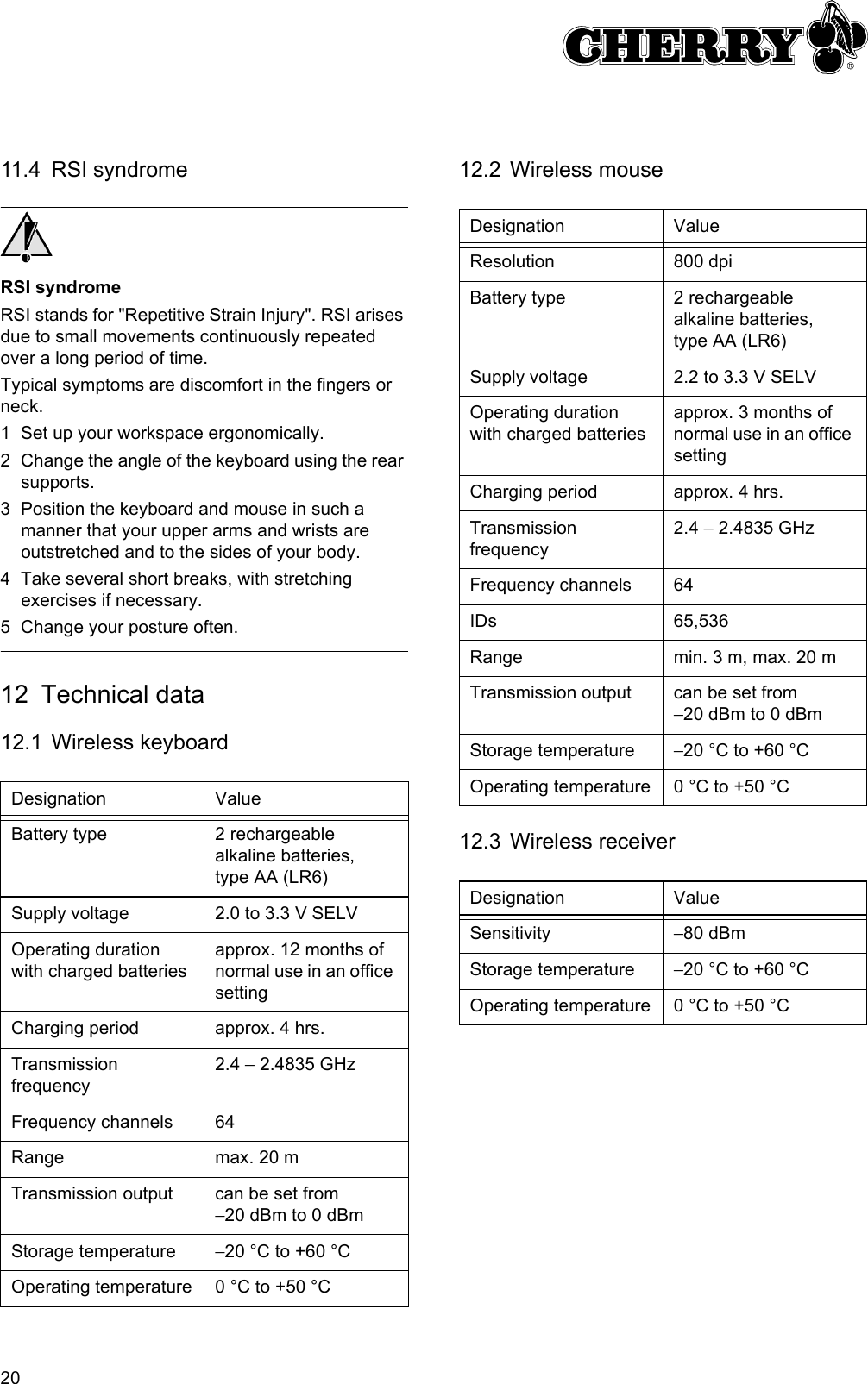 2011.4 RSI syndromeRSI syndromeRSI stands for &quot;Repetitive Strain Injury&quot;. RSI arises due to small movements continuously repeated over a long period of time.Typical symptoms are discomfort in the fingers or neck.1 Set up your workspace ergonomically.2 Change the angle of the keyboard using the rear supports.3 Position the keyboard and mouse in such a manner that your upper arms and wrists are outstretched and to the sides of your body.4 Take several short breaks, with stretching exercises if necessary.5 Change your posture often.12 Technical data12.1 Wireless keyboardDesignation ValueBattery type 2 rechargeable alkaline batteries, type AA (LR6)Supply voltage 2.0 to 3.3 V SELVOperating duration with charged batteriesapprox. 12 months of normal use in an office settingCharging period approx. 4 hrs.Transmission frequency2.4 − 2.4835 GHzFrequency channels 64Range max. 20 mTransmission output can be set from −20 dBm to 0 dBmStorage temperature −20 °C to +60 °COperating temperature 0 °C to +50 °C12.2 Wireless mouse12.3 Wireless receiverDesignation ValueResolution 800 dpiBattery type 2 rechargeable alkaline batteries, type AA (LR6)Supply voltage 2.2 to 3.3 V SELVOperating duration with charged batteriesapprox. 3 months of normal use in an office settingCharging period approx. 4 hrs.Transmission frequency2.4 − 2.4835 GHzFrequency channels 64IDs 65,536Range min. 3 m, max. 20 mTransmission output can be set from −20 dBm to 0 dBmStorage temperature −20 °C to +60 °COperating temperature 0 °C to +50 °CDesignation ValueSensitivity −80 dBmStorage temperature −20 °C to +60 °COperating temperature 0 °C to +50 °C