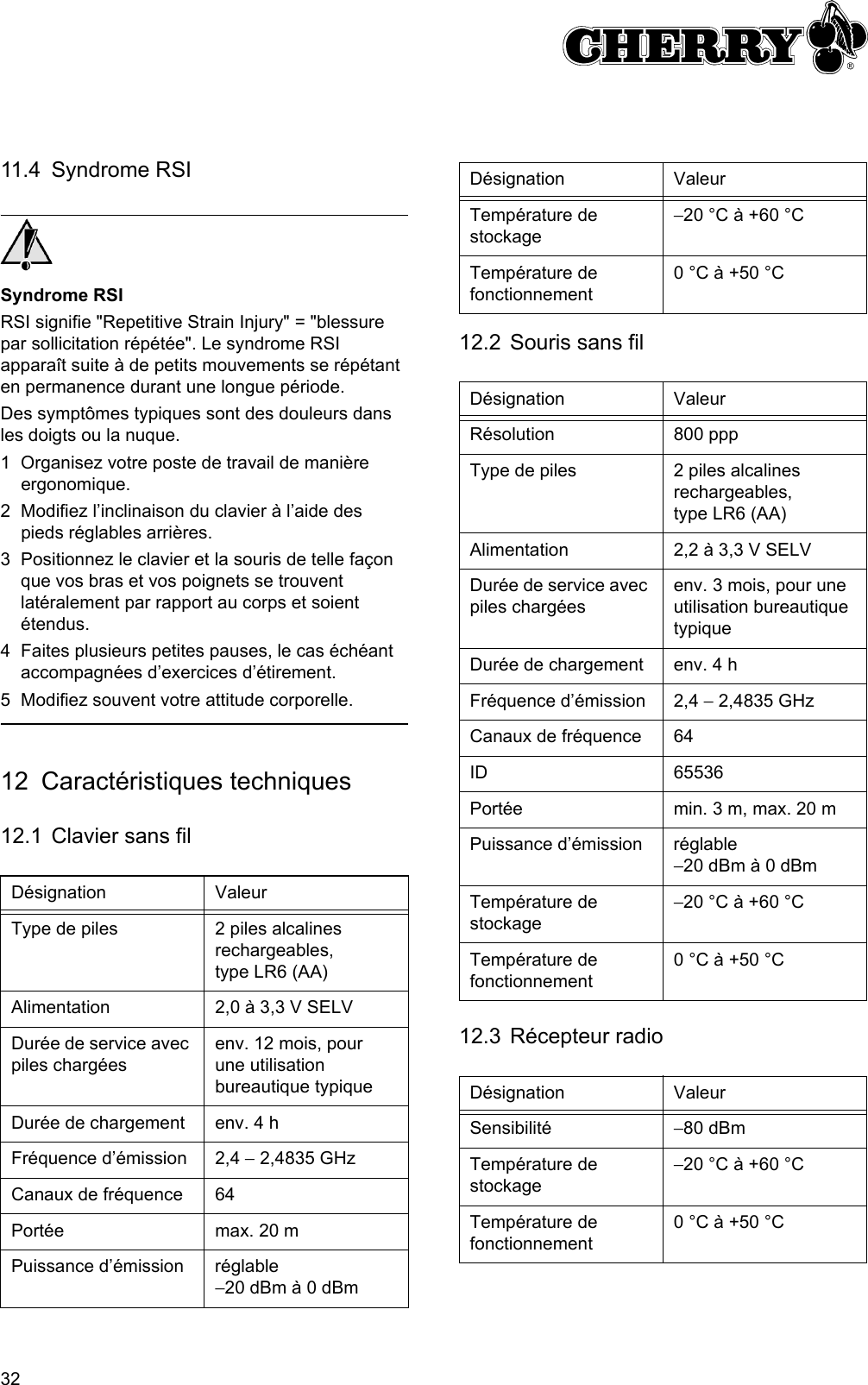 3211.4 Syndrome RSI Syndrome RSI RSI signifie &quot;Repetitive Strain Injury&quot; = &quot;blessure par sollicitation répétée&quot;. Le syndrome RSI apparaît suite à de petits mouvements se répétant en permanence durant une longue période.Des symptômes typiques sont des douleurs dans les doigts ou la nuque.1 Organisez votre poste de travail de manière ergonomique.2 Modifiez l’inclinaison du clavier à l’aide des pieds réglables arrières.3 Positionnez le clavier et la souris de telle façon que vos bras et vos poignets se trouvent latéralement par rapport au corps et soient étendus.4 Faites plusieurs petites pauses, le cas échéant accompagnées d’exercices d’étirement.5 Modifiez souvent votre attitude corporelle.12 Caractéristiques techniques12.1 Clavier sans filDésignation ValeurType de piles 2 piles alcalines rechargeables, type LR6 (AA)Alimentation 2,0 à 3,3 V SELVDurée de service avec piles chargéesenv. 12 mois, pour une utilisation bureautique typique Durée de chargement env. 4 hFréquence d’émission 2,4 − 2,4835 GHzCanaux de fréquence 64Portée max. 20 mPuissance d’émission réglable −20 dBm à 0 dBm12.2 Souris sans fil12.3 Récepteur radioTempérature de stockage−20 °C à +60 °CTempérature de fonctionnement0 °C à +50 °CDésignation ValeurRésolution 800 pppType de piles 2 piles alcalines rechargeables, type LR6 (AA)Alimentation 2,2 à 3,3 V SELVDurée de service avec piles chargéesenv. 3 mois, pour une utilisation bureautique typique Durée de chargement env. 4 hFréquence d’émission 2,4 − 2,4835 GHzCanaux de fréquence 64ID 65536Portée min. 3 m, max. 20 mPuissance d’émission réglable −20 dBm à 0 dBmTempérature de stockage−20 °C à +60 °CTempérature de fonctionnement0 °C à +50 °CDésignation ValeurSensibilité −80 dBmTempérature de stockage−20 °C à +60 °CTempérature de fonctionnement0 °C à +50 °CDésignation Valeur