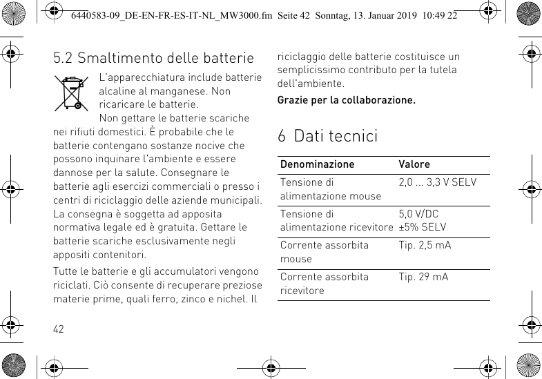 425.2 Smaltimento delle batterieL'apparecchiatura include batterie alcaline al manganese. Non ricaricare le batterie.Non gettare le batterie scariche nei rifiuti domestici. &Egrave; probabile che le batterie contengano sostanze nocive che possono inquinare l'ambiente e essere dannose per la salute. Consegnare le batterie agli esercizi commerciali o presso i centri di riciclaggio delle aziende municipali. La consegna &egrave; soggetta ad apposita normativa legale ed &egrave; gratuita. Gettare le batterie scariche esclusivamente negli appositi contenitori.Tutte le batterie e gli accumulatori vengono riciclati. Ci&ograve; consente di recuperare preziose materie prime, quali ferro, zinco e nichel. Il riciclaggio delle batterie costituisce un semplicissimo contributo per la tutela dell'ambiente.Grazie per la collaborazione.6 Dati tecniciDenominazione ValoreTensione di alimentazione mouse2,0 ... 3,3 V SELVTensione di alimentazione ricevitore5,0 V/DC &plusmn;5% SELVCorrente assorbita mouseTip. 2,5 mACorrente assorbita ricevitoreTip. 29 mA6440583-09_DE-EN-FR-ES-IT-NL_MW3000.fm  Seite 42  Sonntag, 13. Januar 2019  10:49 22