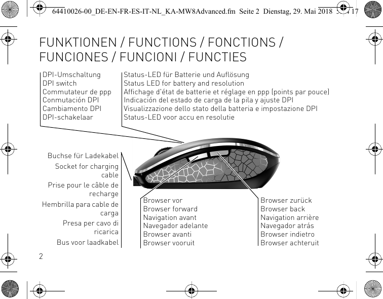 2Status-LED für Batterie und AuflösungStatus LED for battery and resolutionAffichage d&apos;état de batterie et réglage en ppp (points par pouce)Indicación del estado de carga de la pila y ajuste DPIVisualizzazione dello stato della batteria e impostazione DPIStatus-LED voor accu en resolutieBrowser zurückBrowser backNavigation arrièreNavegador atrásBrowser indietroBrowser achteruitDPI-UmschaltungDPI switchCommutateur de pppConmutación DPICambiamento DPIDPI-schakelaarBrowser vorBrowser forwardNavigation avantNavegador adelanteBrowser avantiBrowser vooruitBuchse für LadekabelSocket for chargingcablePrise pour le câble derechargeHembrilla para cable decargaPresa per cavo diricaricaBus voor laadkabelFUNKTIONEN / FUNCTIONS / FONCTIONS / FUNCIONES / FUNCIONI / FUNCTIES64410026-00_DE-EN-FR-ES-IT-NL_KA-MW8Advanced.fm  Seite 2  Dienstag, 29. Mai 2018  5:24 17