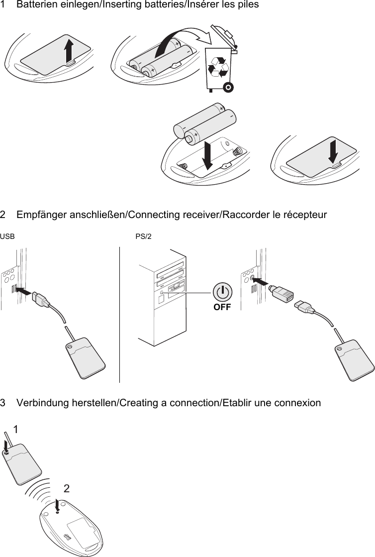 1 Batterien einlegen/Inserting batteries/Ins&eacute;rer les piles2 Empf&auml;nger anschlie&szlig;en/Connecting receiver/Raccorder le r&eacute;cepteurUSB                                                           PS/23 Verbindung herstellen/Creating a connection/Etablir une connexionOFF12