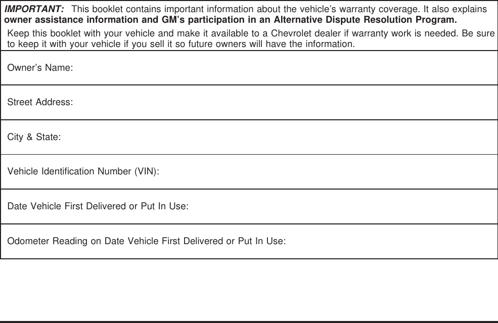 Chevrolet 2005 Monte Carlo Warranty Guide